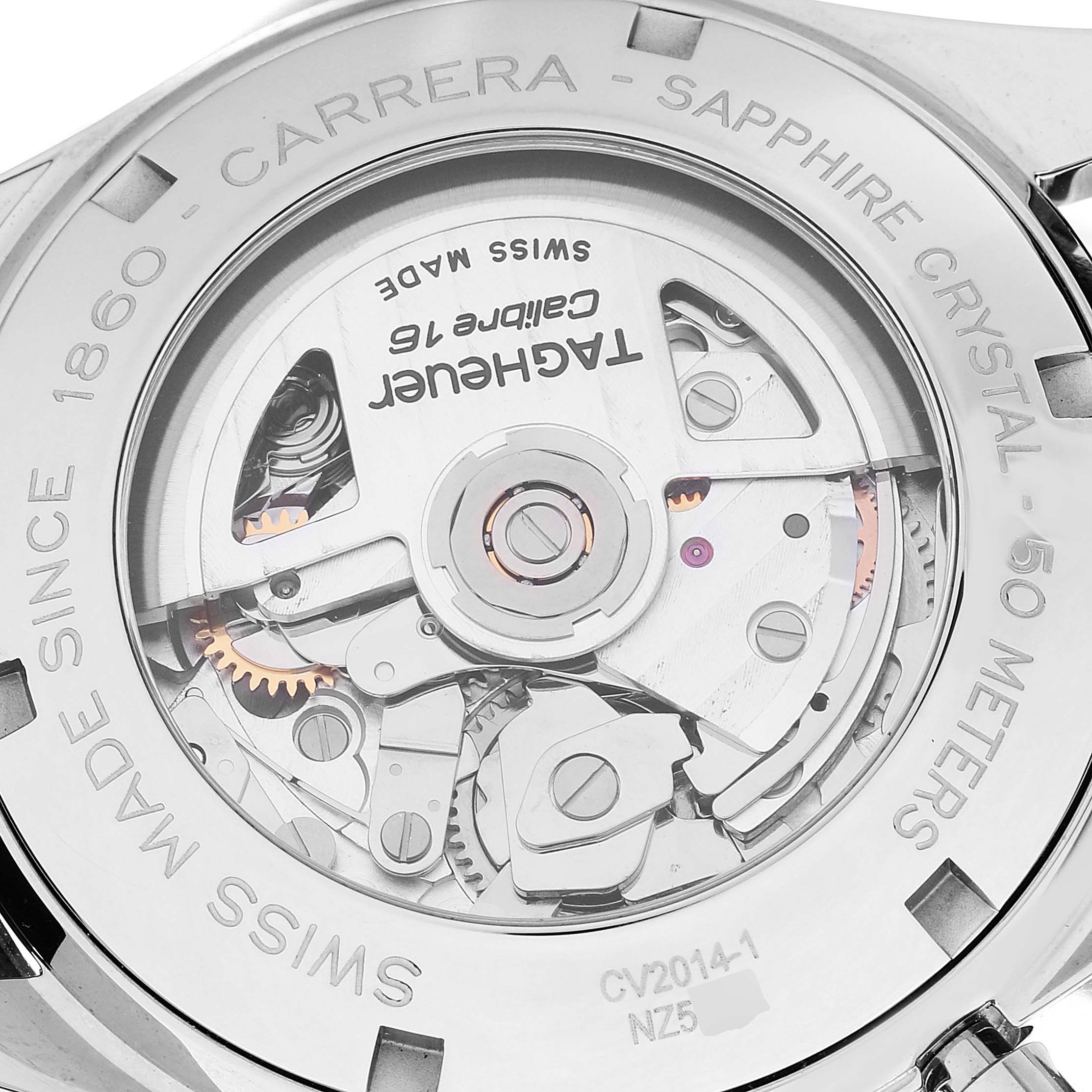 The image shows the back view of a Tag Heuer Carrera CV2014.FC6233 Men
s Stainless Steel Black Dial CV2014.FC6233 Men
s Stainless Steel Black Dial watch, revealing its internal mechanical movements.