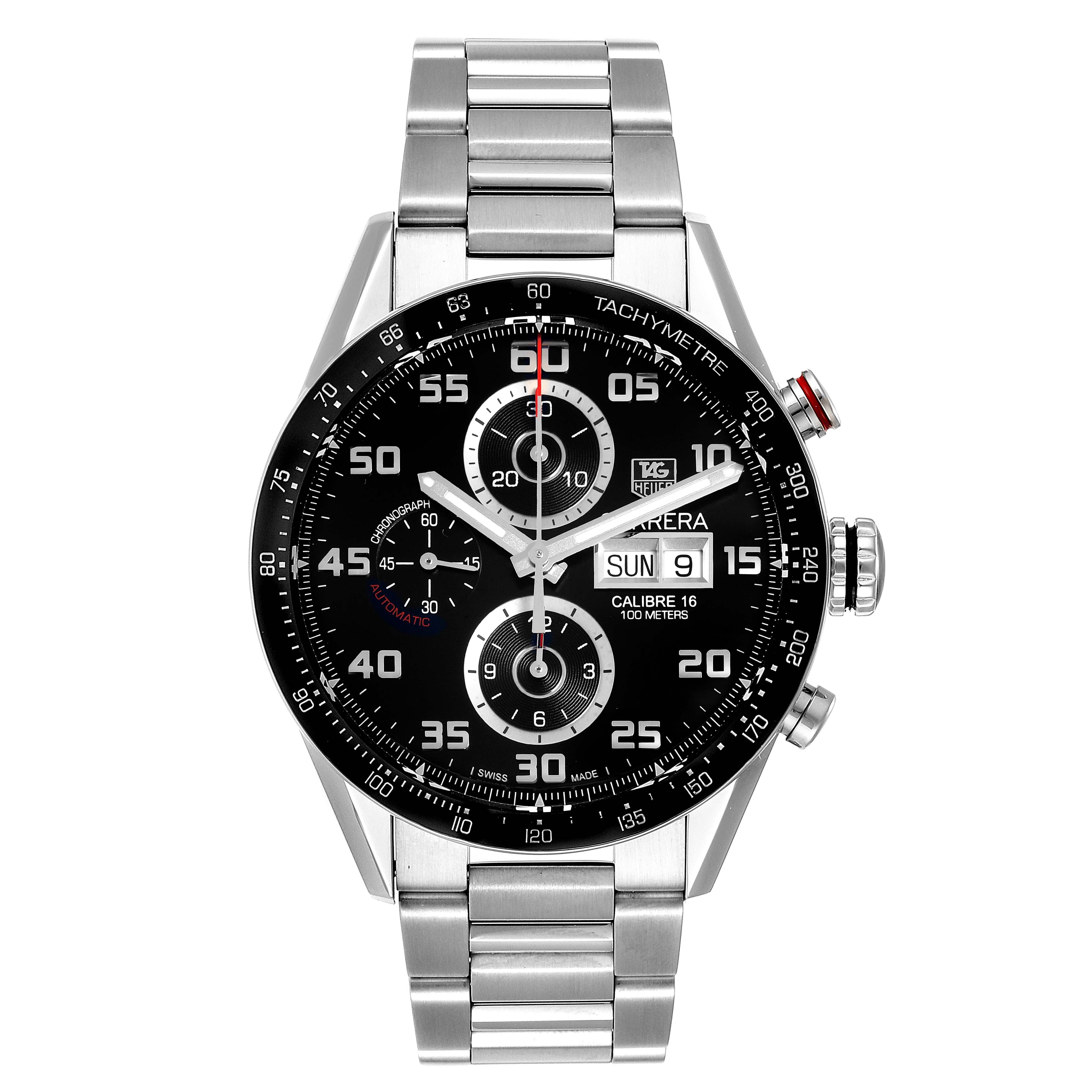 The Tag Heuer Carrera CV2A1R.BA0799 Men
s Stainless Steel Black Dial CV2A1R.BA0799 Men
s Stainless Steel Black Dial watch is shown from the front, displaying the face, bezel, and metal bracelet.