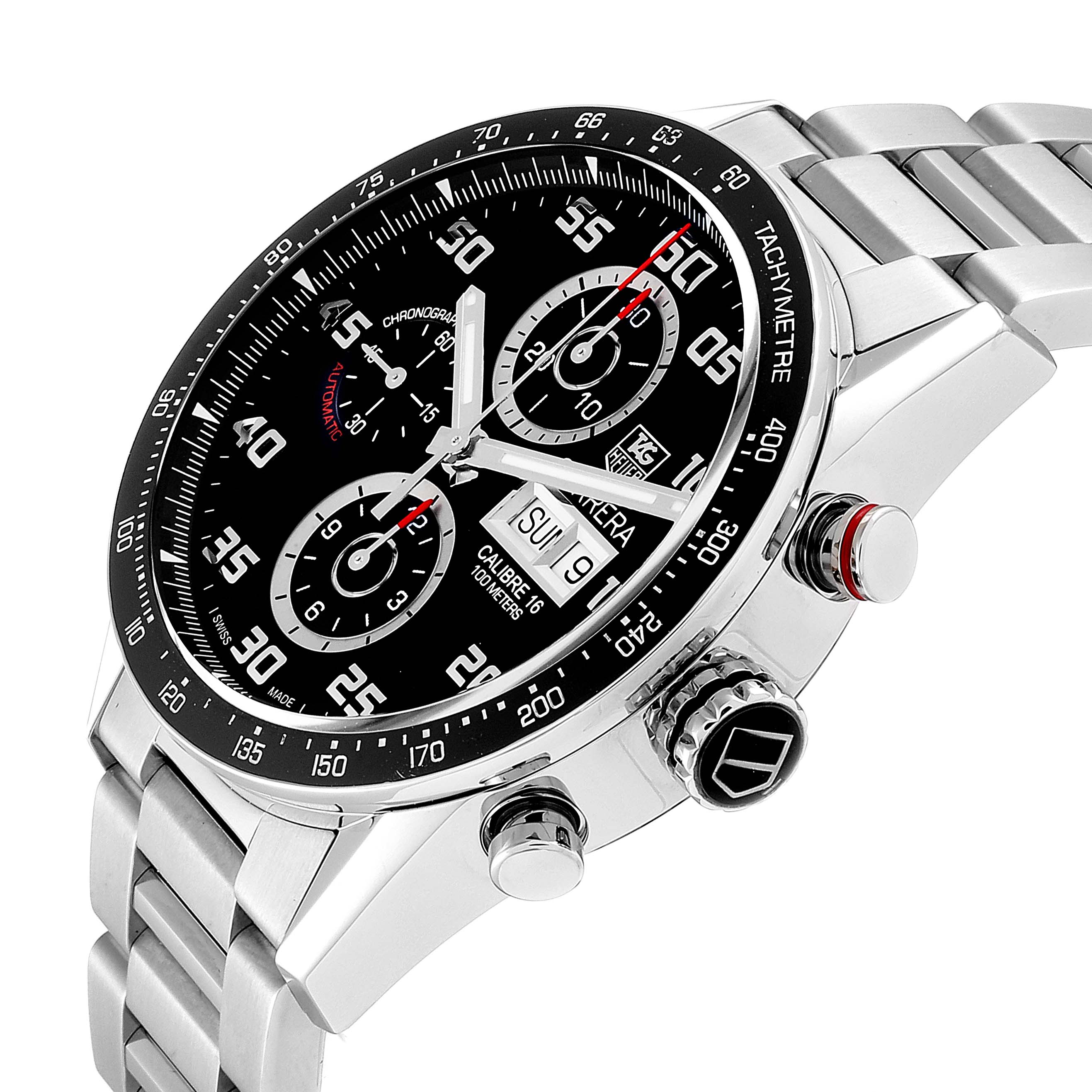 The image shows a side view of the Tag Heuer Carrera CV2A1R.BA0799 Men
s Stainless Steel Black Dial CV2A1R.BA0799 Men
s Stainless Steel Black Dial watch, highlighting its dial, tachymeter bezel, and metal bracelet.