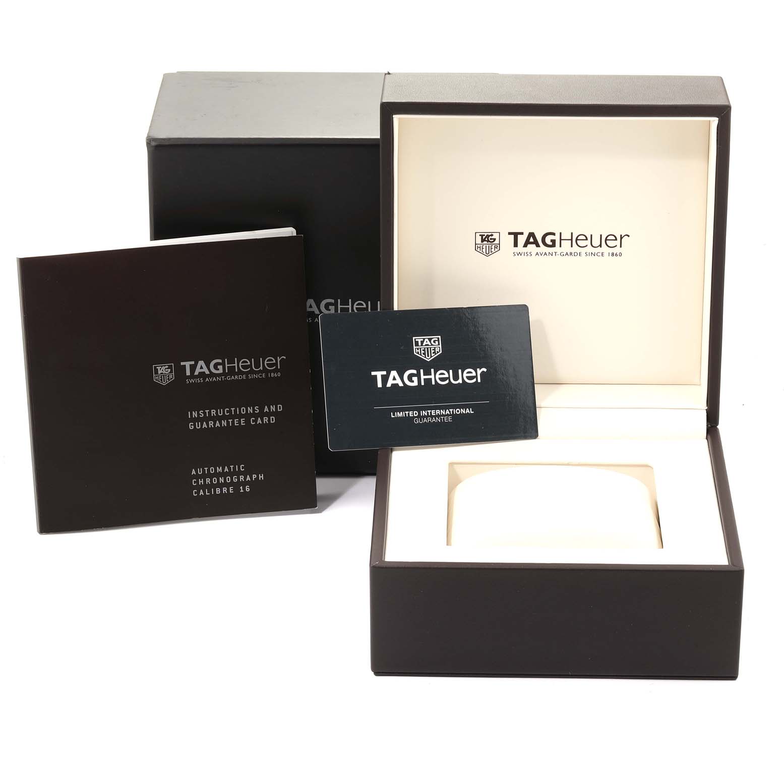 The image shows the packaging, manual, and guarantee card for a Tag Heuer Carrera CV2A1R.BA0799 Men
s Stainless Steel Black Dial CV2A1R.BA0799 Men
s Stainless Steel Black Dial watch.