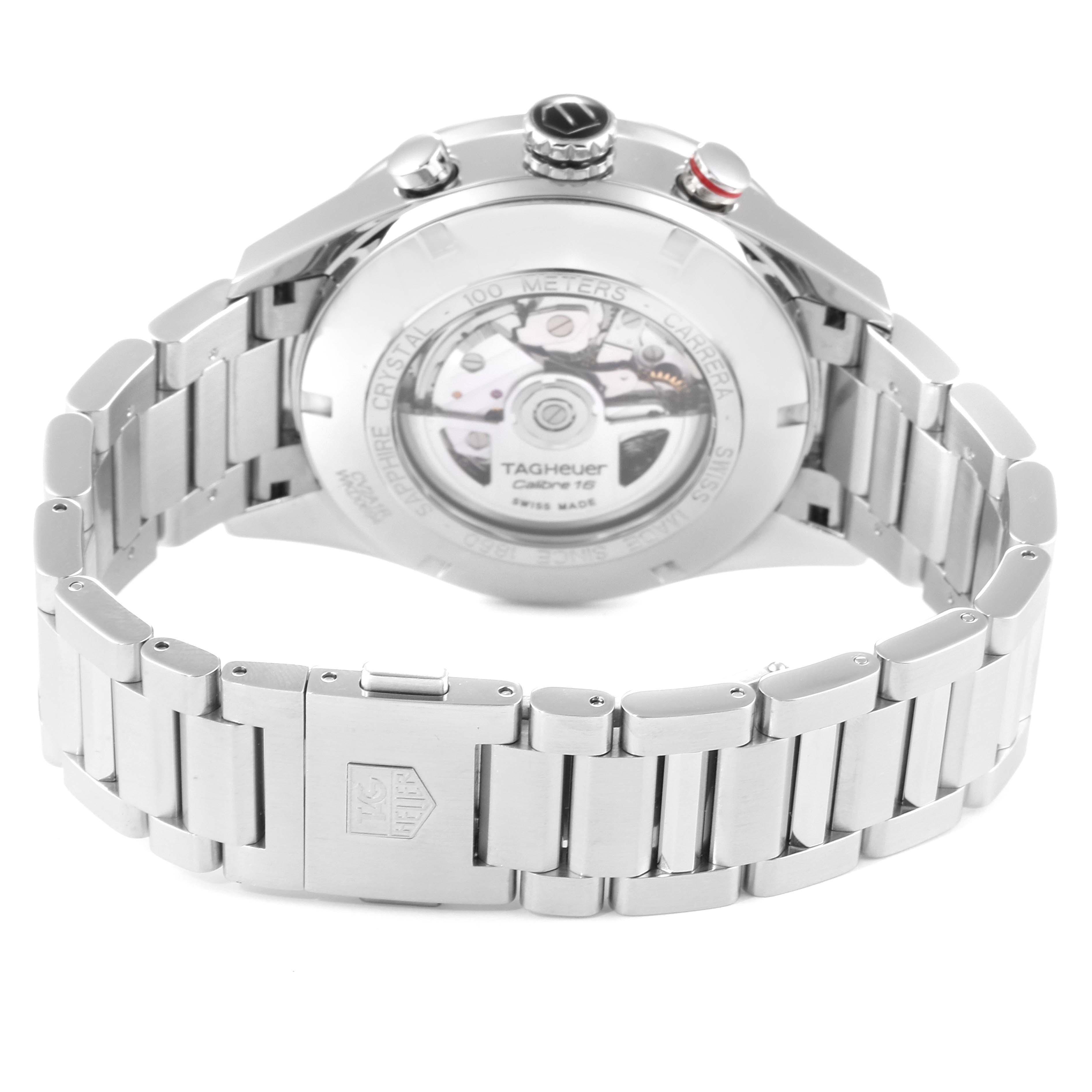 The image shows the back and bracelet of the Tag Heuer Carrera CV2A1R.BA0799 Men
s Stainless Steel Black Dial CV2A1R.BA0799 Men
s Stainless Steel Black Dial watch, highlighting its stainless steel construction and visible movement.