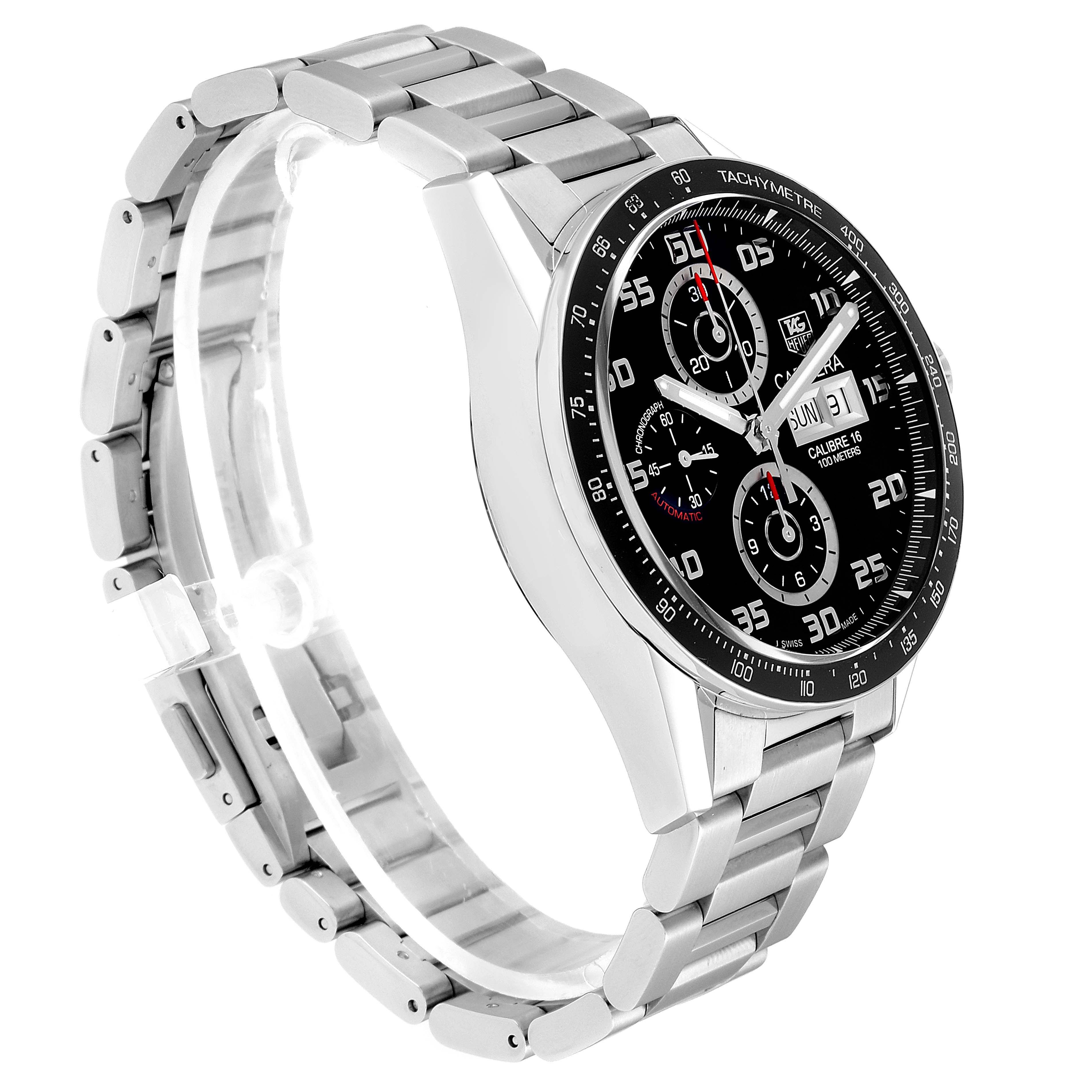 The image shows a Tag Heuer Carrera CV2A1R.BA0799 Men
s Stainless Steel Black Dial CV2A1R.BA0799 Men
s Stainless Steel Black Dial watch at a side angle, highlighting its bracelet, face, and tachymeter bezel.