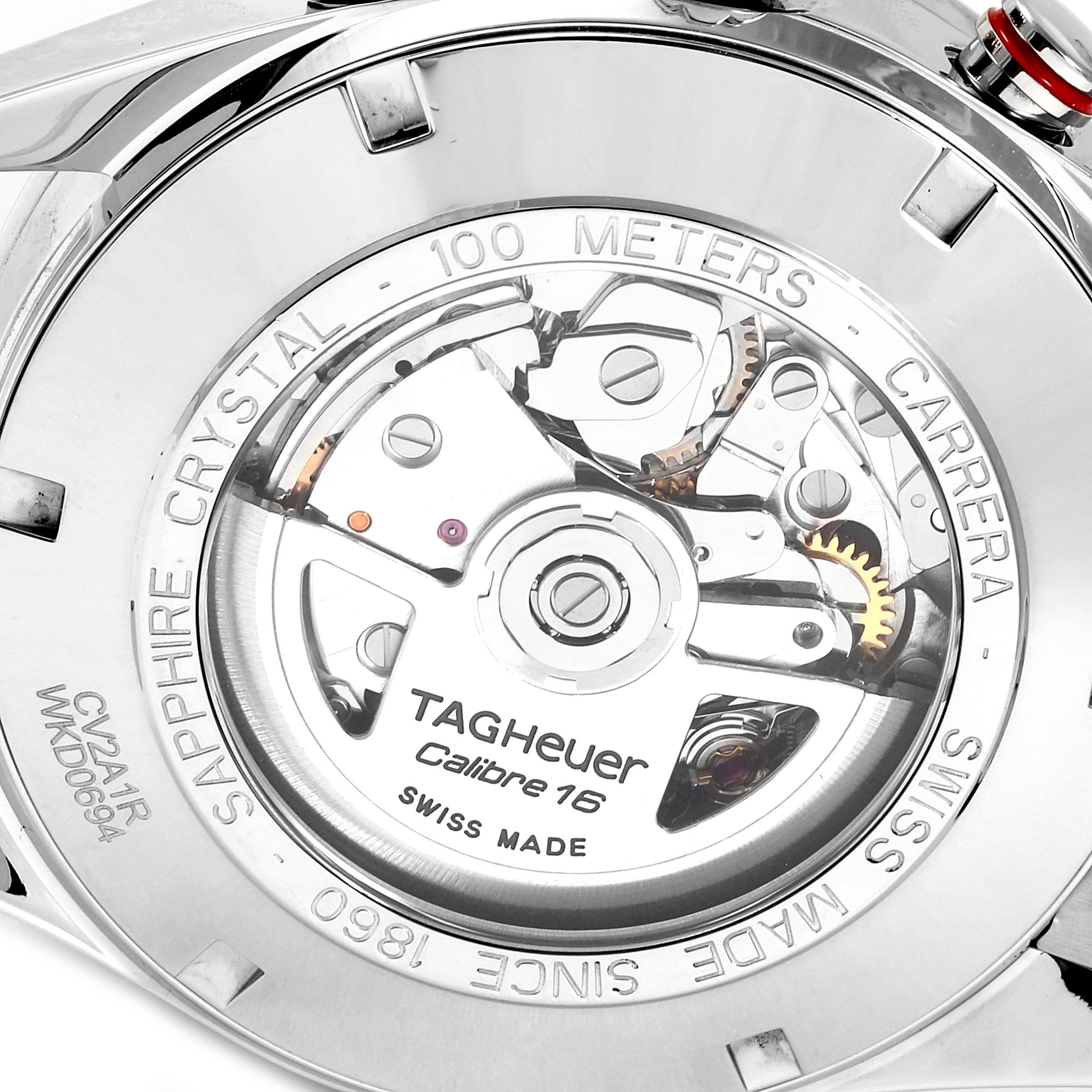 The image shows the rear view of the Tag Heuer Carrera CV2A1R.BA0799 Men
s Stainless Steel Black Dial CV2A1R.BA0799 Men
s Stainless Steel Black Dial model, highlighting its exposed Calibre 16 movement and markings.