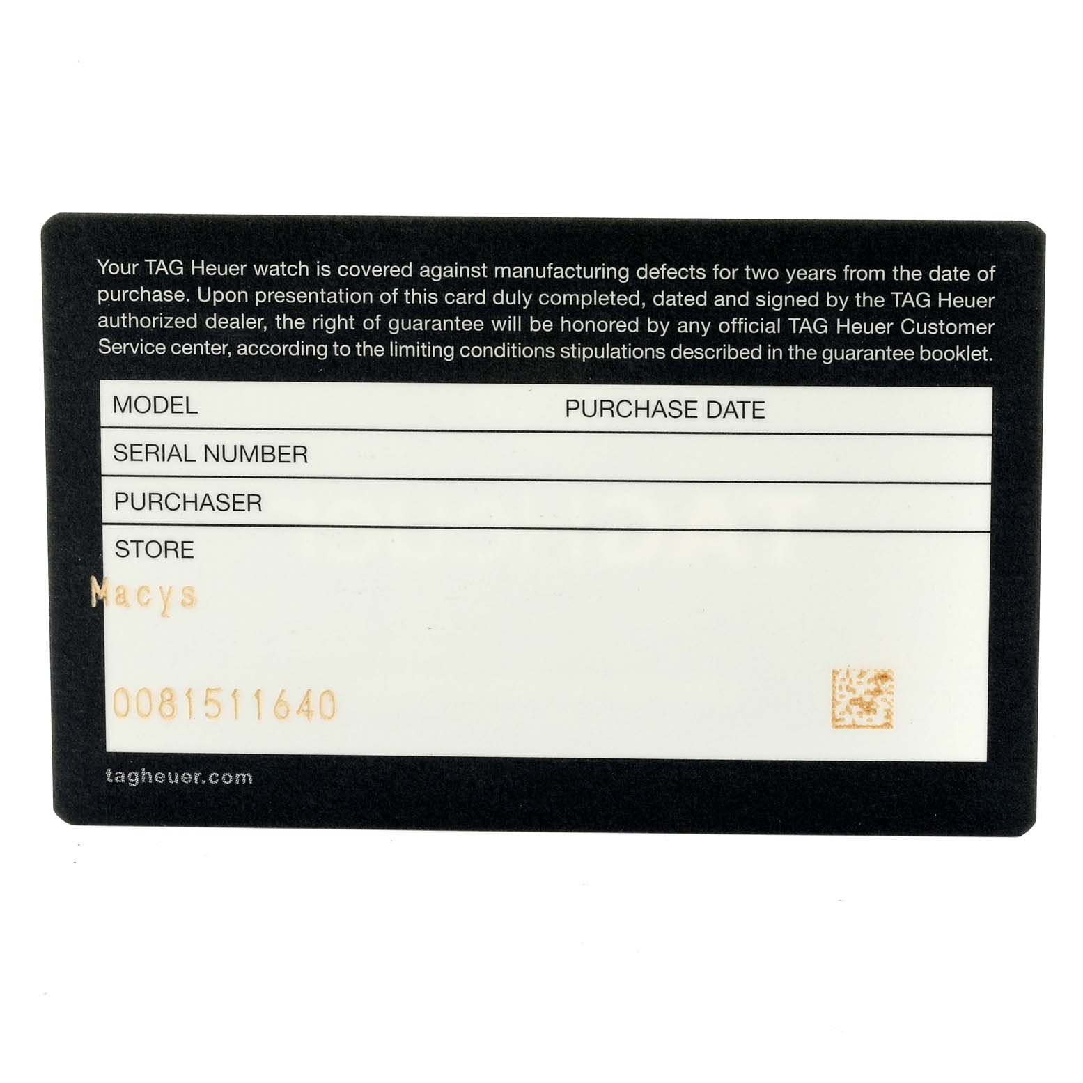 This image shows the warranty card for a Tag Heuer Carrera CV2A1R.BA0799 Men
s Stainless Steel Black Dial CV2A1R.BA0799 Men
s Stainless Steel Black Dial watch, including fields for model, serial number, purchaser, store, and purchase date.