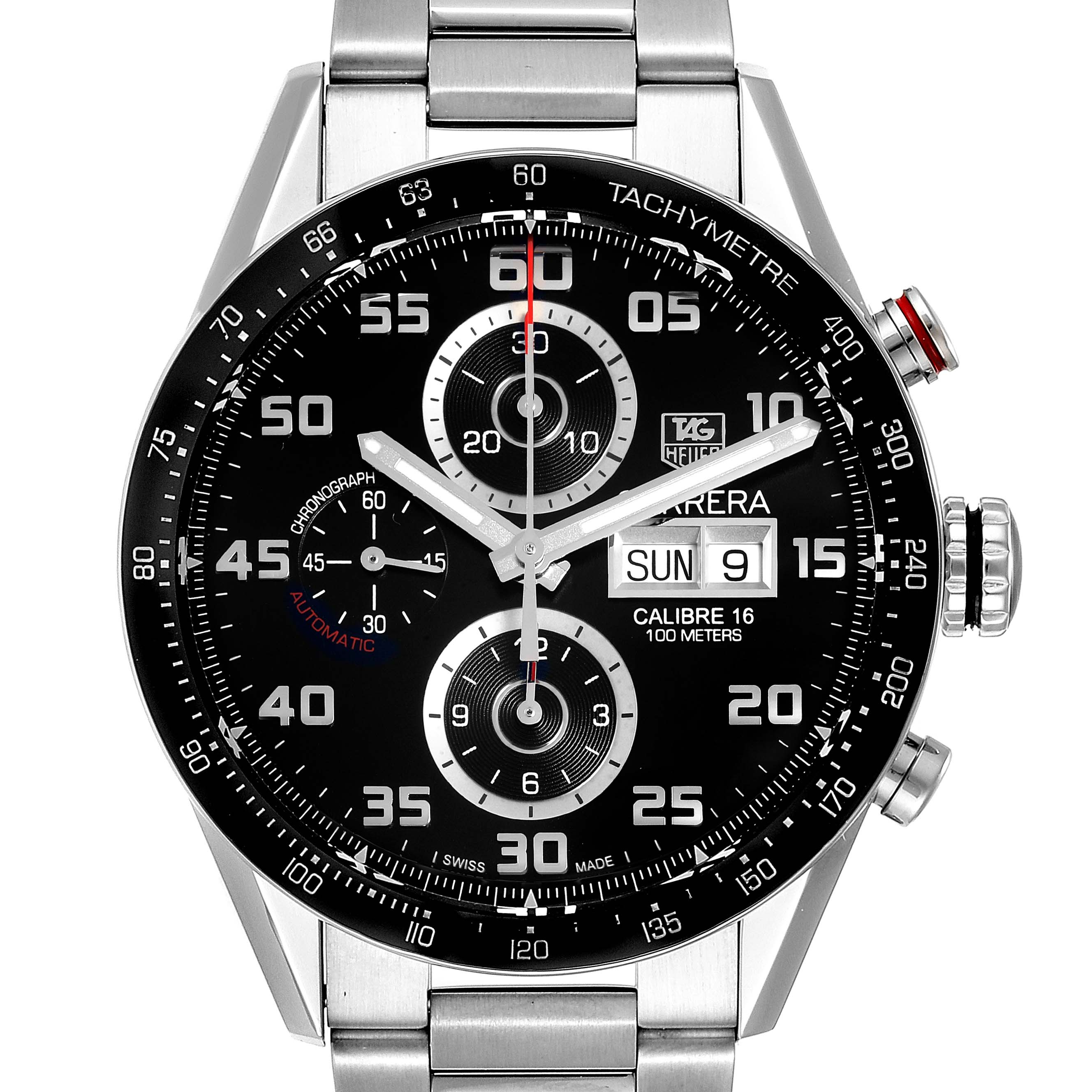 The image shows a head-on view of the Tag Heuer Carrera CV2A1R.BA0799 Men
s Stainless Steel Black Dial CV2A1R.BA0799 Men
s Stainless Steel Black Dial watch, highlighting its face, subdials, and tachymetre bezel.