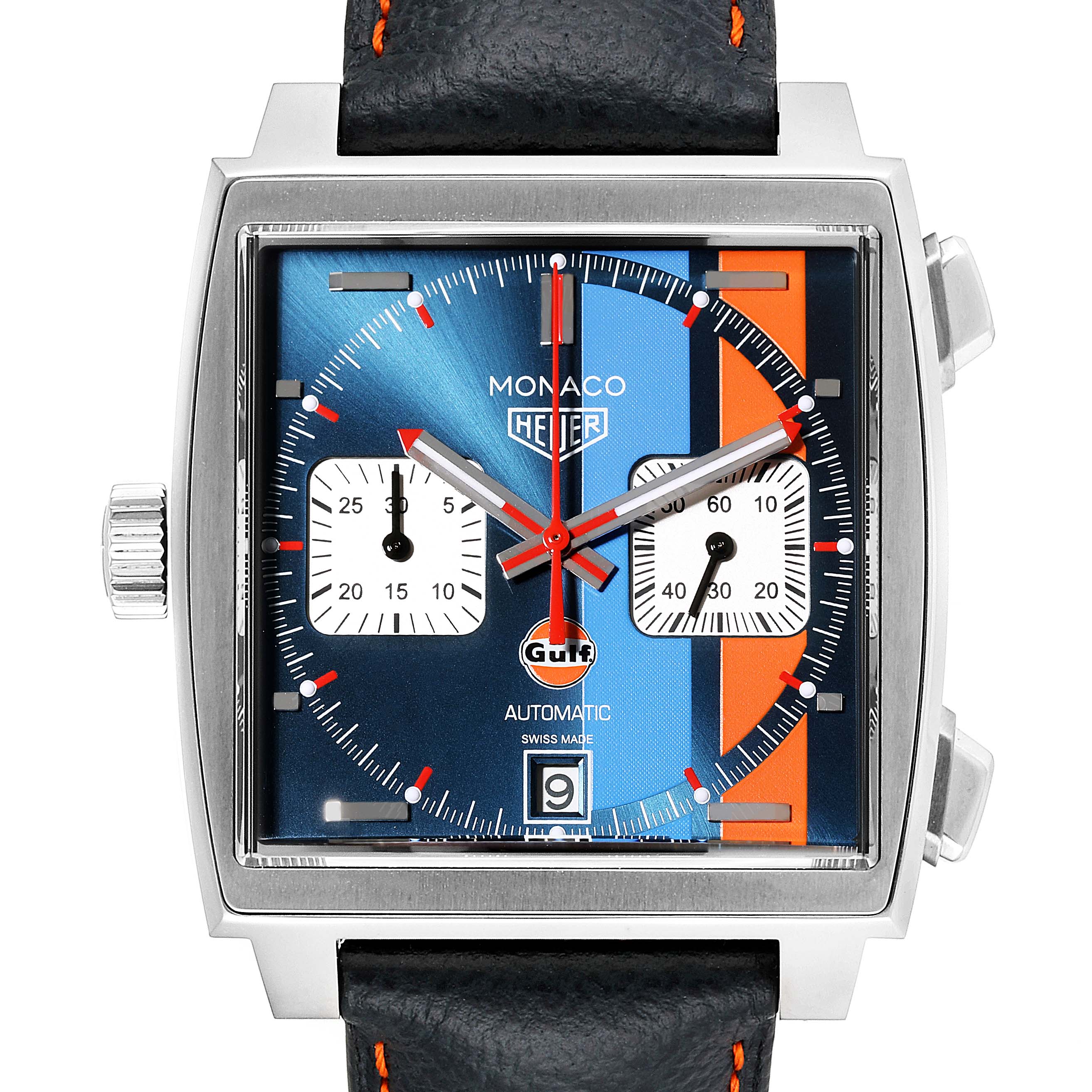 The image shows a front view of a Tag Heuer Monaco CAW211R.FC6401 Men's Stainless Steel Blue Dial CAW211R.FC6401 Men's Stainless Steel Blue Dial watch, featuring a blue and orange dial with two sub-dials and a black leather strap.