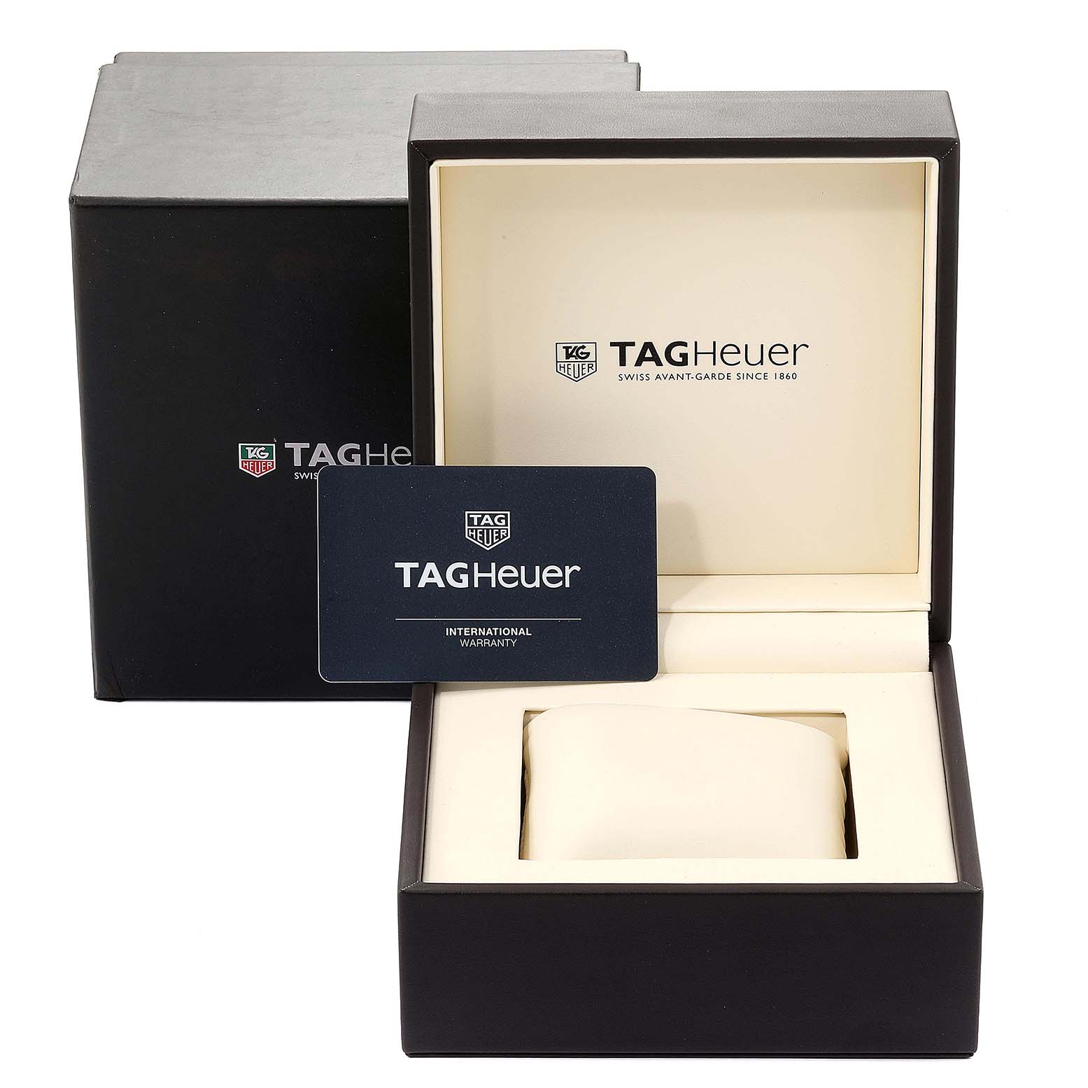 The image shows the packaging and warranty card for a Tag Heuer Monaco CAW211R.FC6401 Men's Stainless Steel Blue Dial CAW211R.FC6401 Men's Stainless Steel Blue Dial watch.