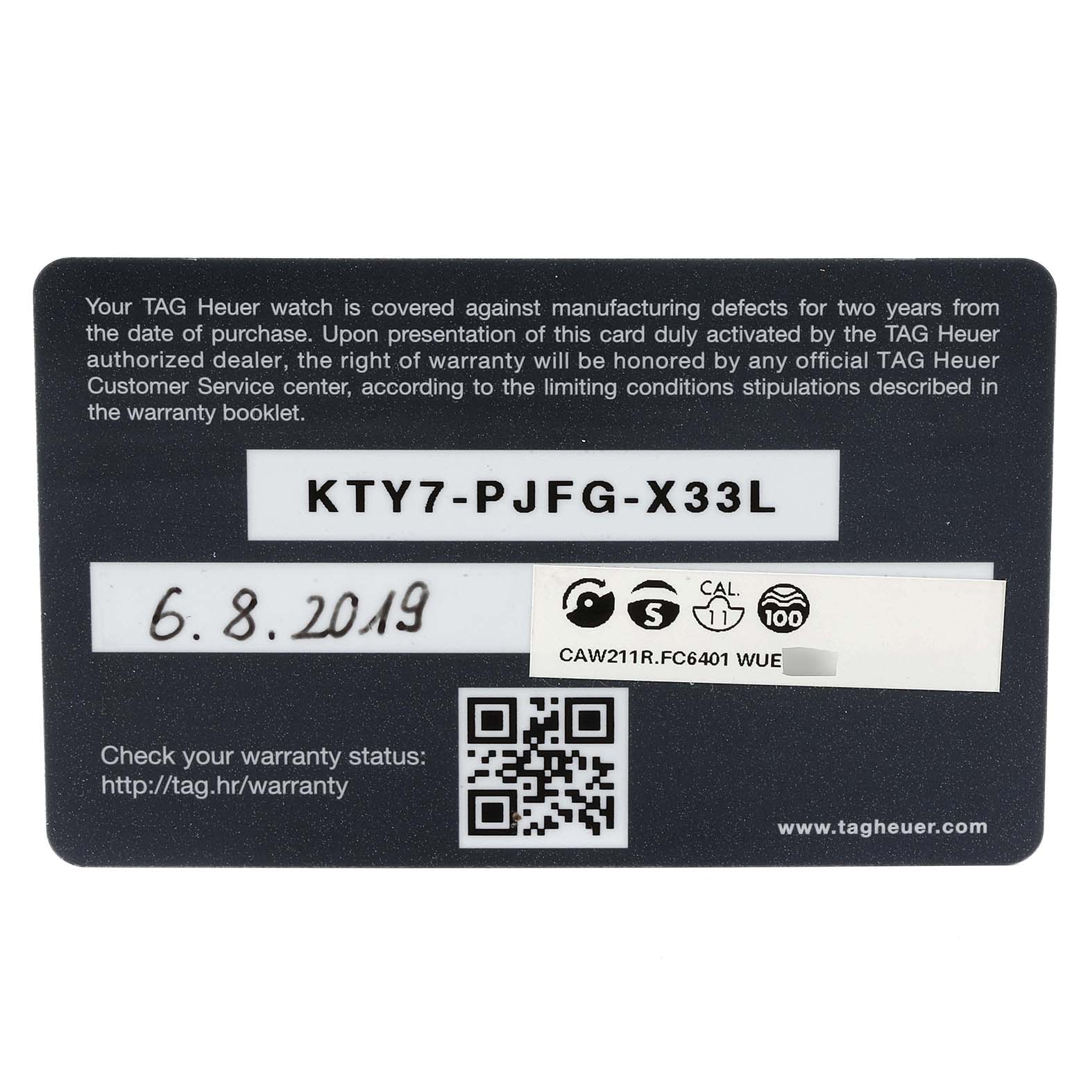 The image shows the warranty card for the Tag Heuer Monaco CAW211R.FC6401 Men's Stainless Steel Blue Dial CAW211R.FC6401 Men's Stainless Steel Blue Dial watch model.