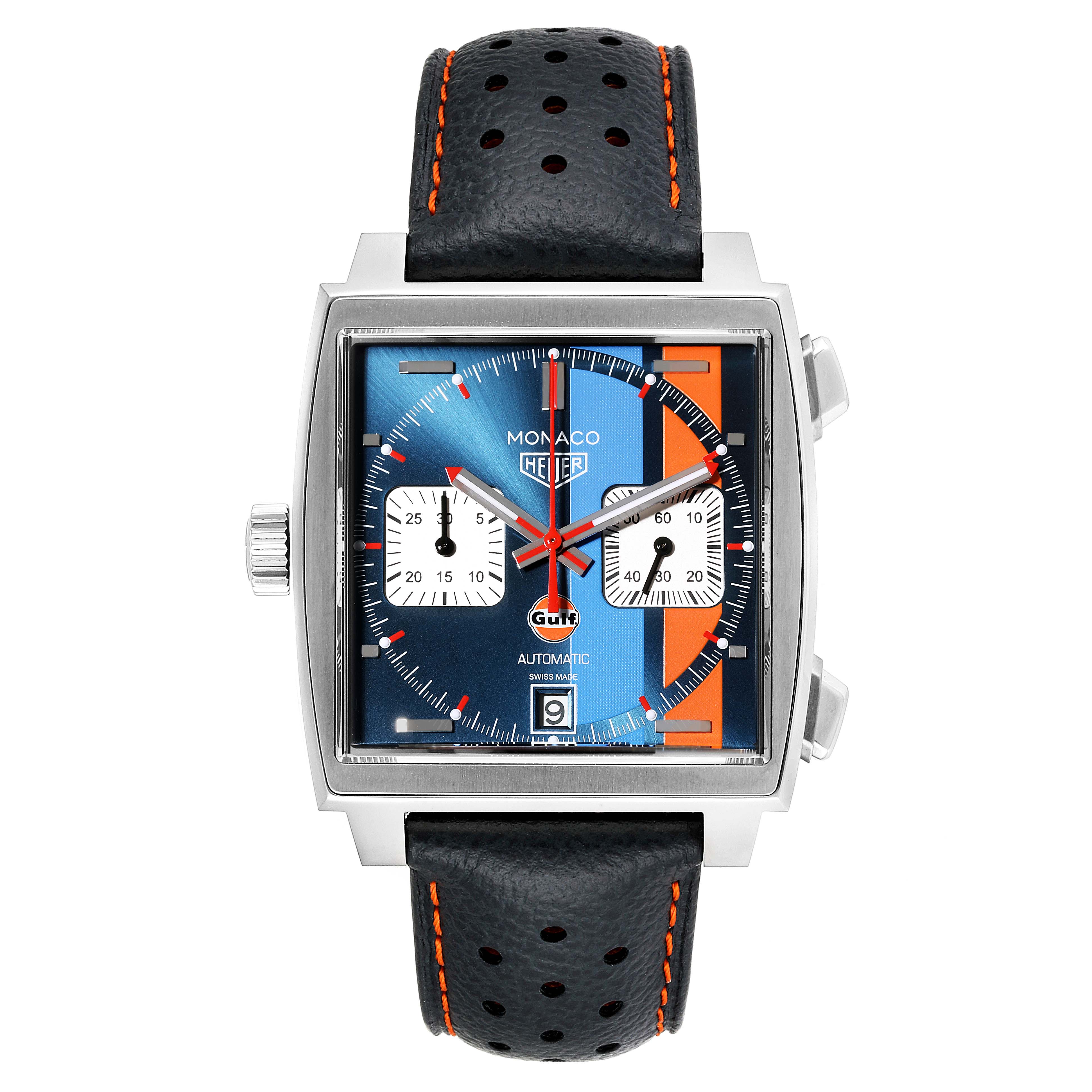 The image shows a front view of the Tag Heuer Monaco CAW211R.FC6401 Men's Stainless Steel Blue Dial CAW211R.FC6401 Men's Stainless Steel Blue Dial watch, highlighting its dial, case, and strap.