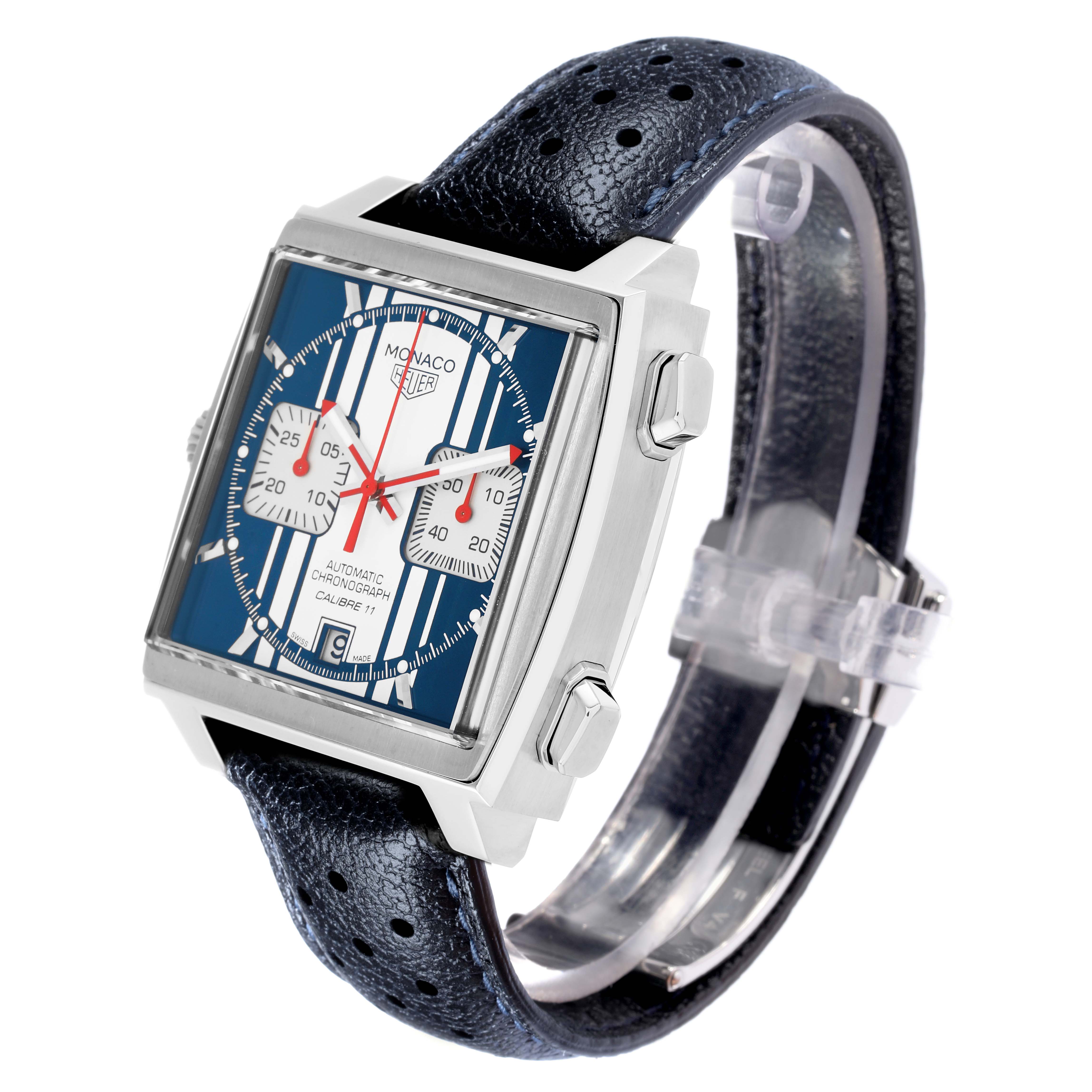 The image shows a Tag Heuer Monaco CAW211D Men
s Stainless Steel Blue Dial watch at a three-quarter angle, highlighting the face, crown, pushers, and strap.
