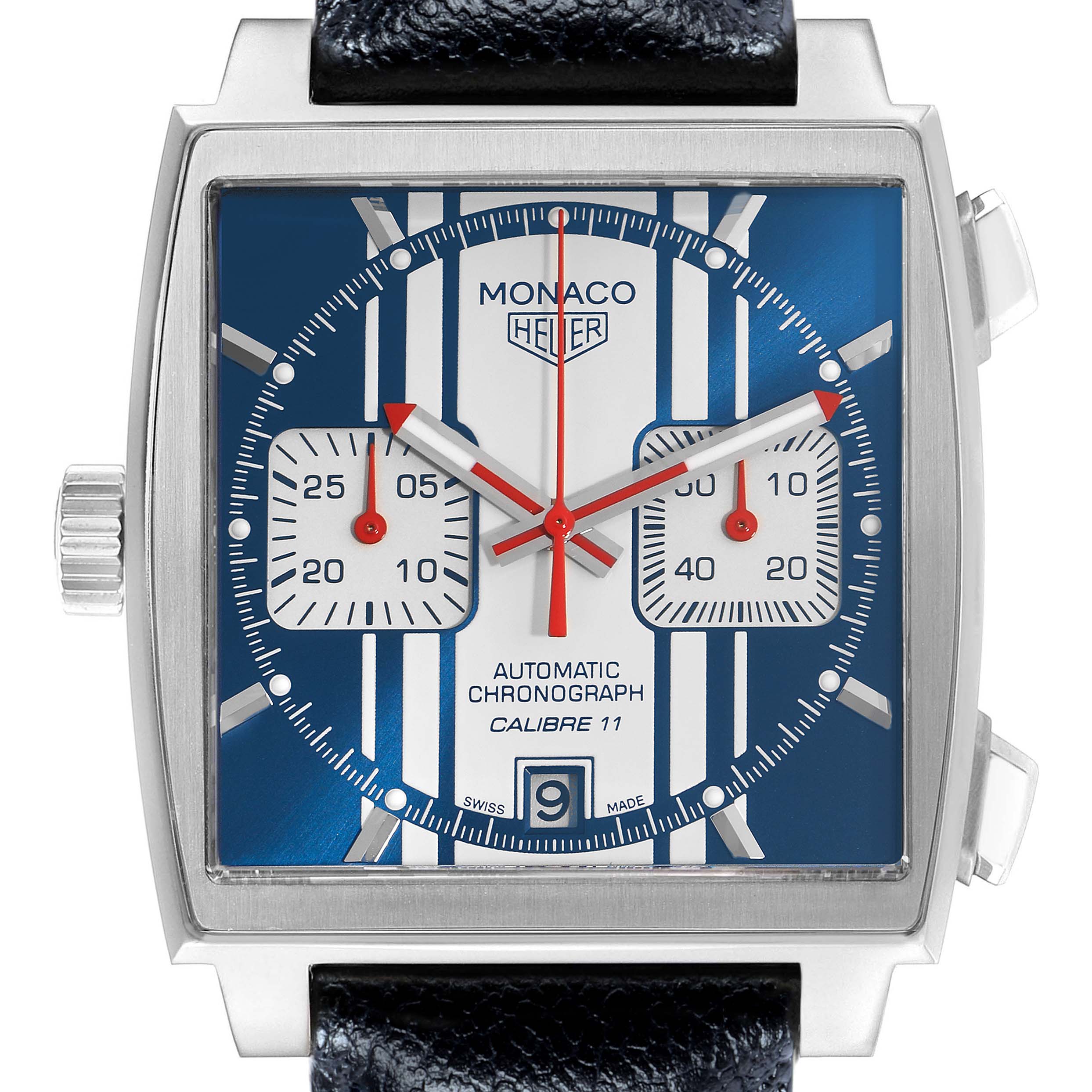 The Tag Heuer Monaco CAW211D Men
s Stainless Steel Blue Dial watch is shown from the front, displaying its square dial, chronograph subdials, and date window.