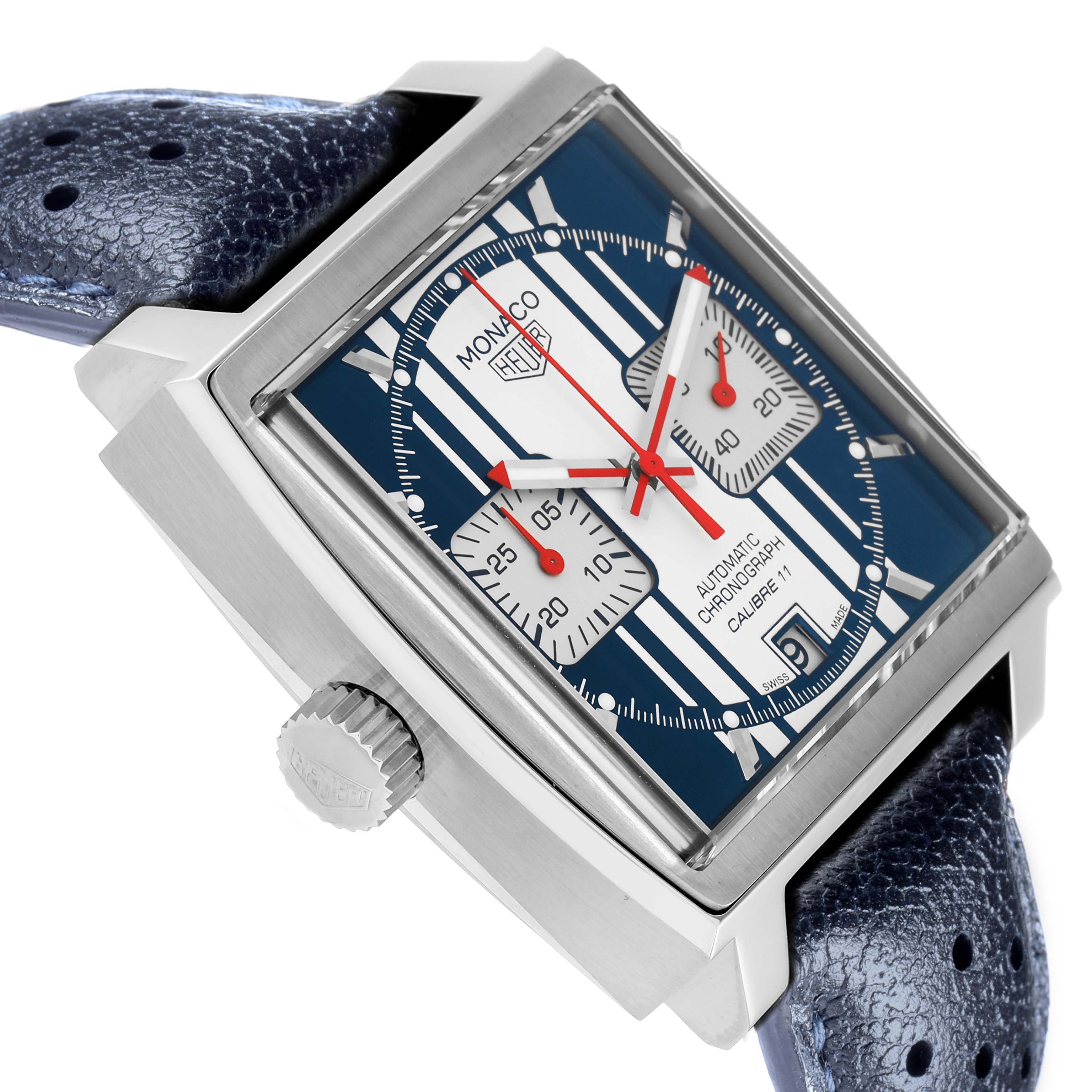 The Tag Heuer Monaco CAW211D Men
s Stainless Steel Blue Dial watch is shown at an angled side view, highlighting the square case, crown, and blue strap.
