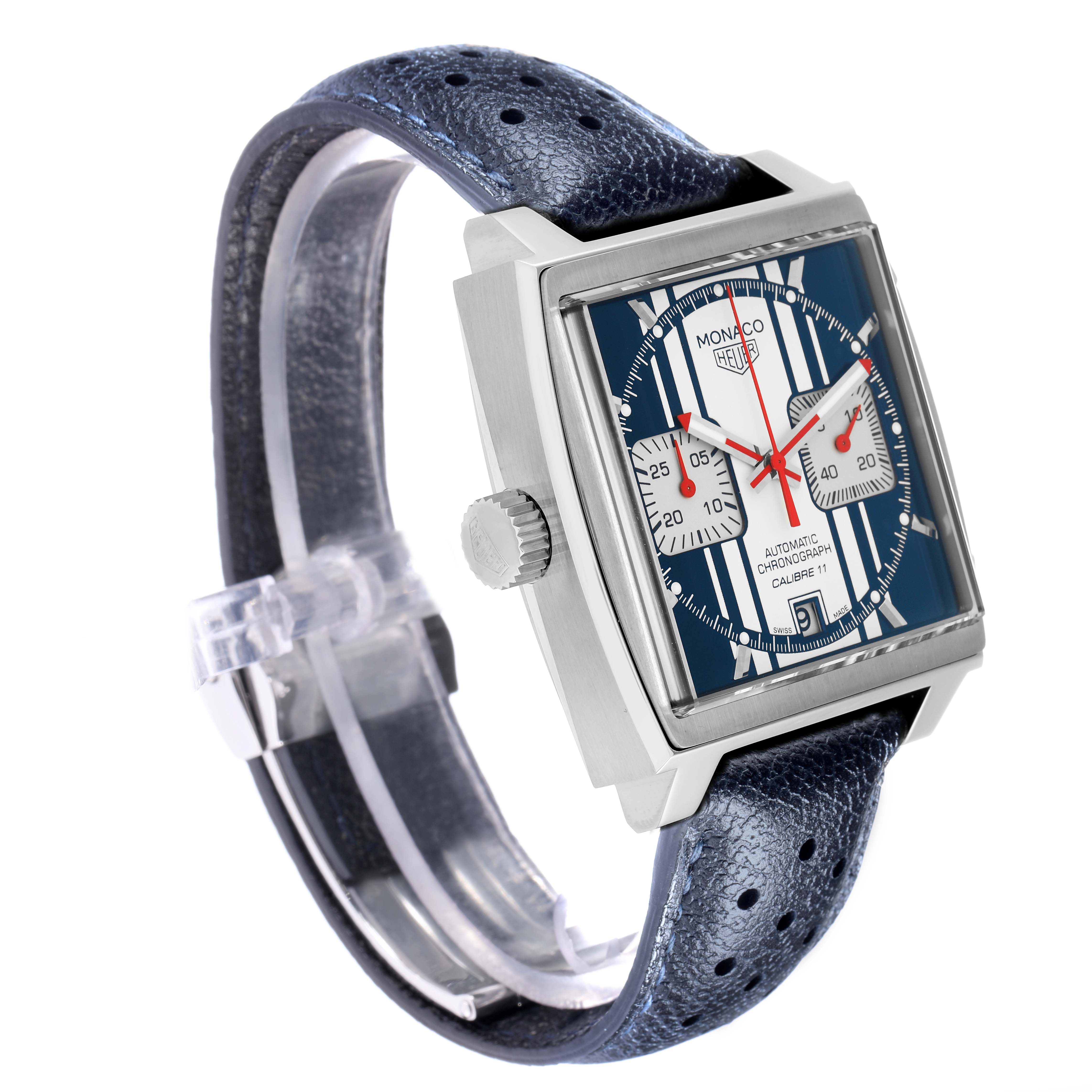 The Tag Heuer Monaco CAW211D Men
s Stainless Steel Blue Dial watch is shown at a three-quarter angle, highlighting the side, crown, and strap.