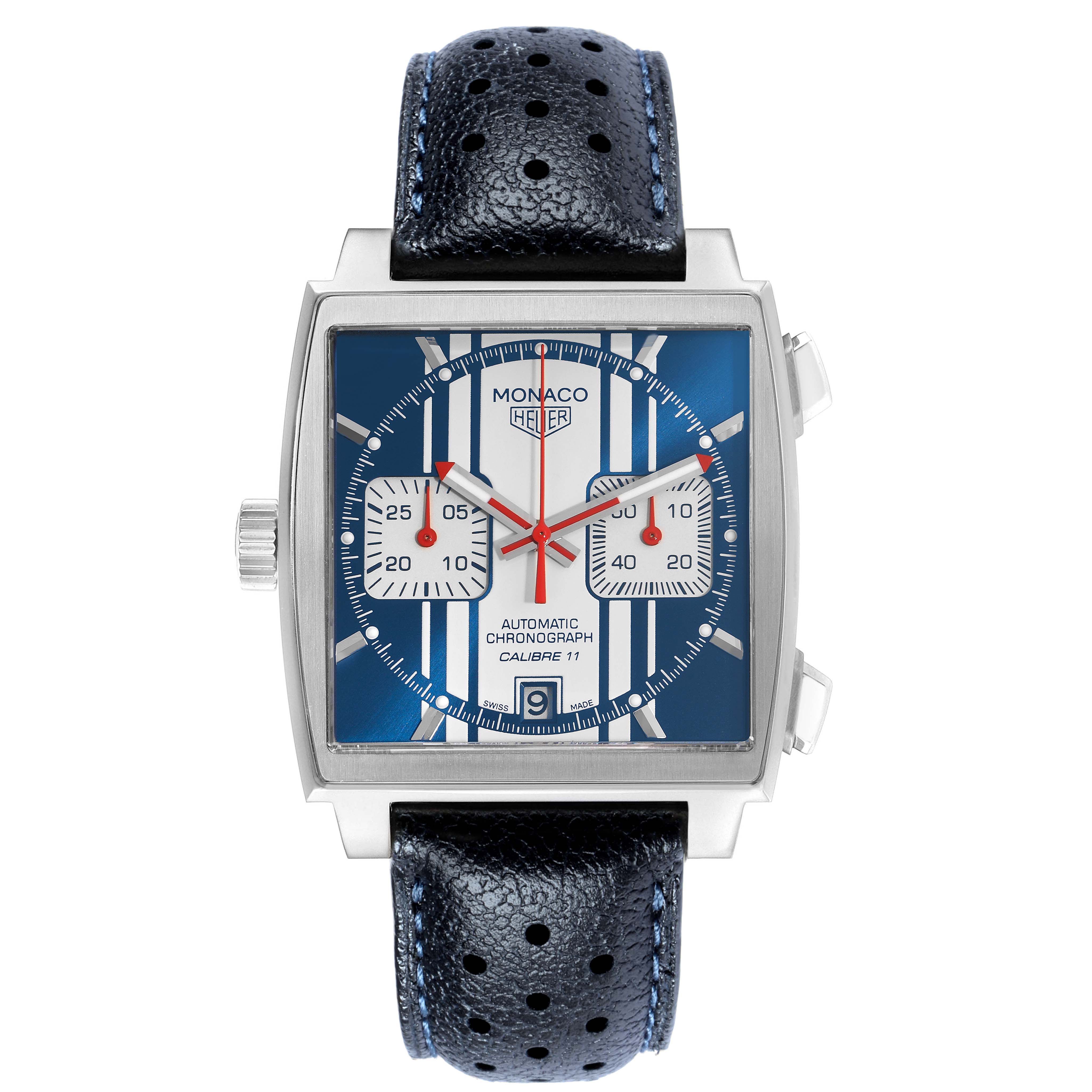 The Tag Heuer Monaco CAW211D Men
s Stainless Steel Blue Dial watch is shown from a front angle, featuring its square dial, pushers, and a perforated leather strap.