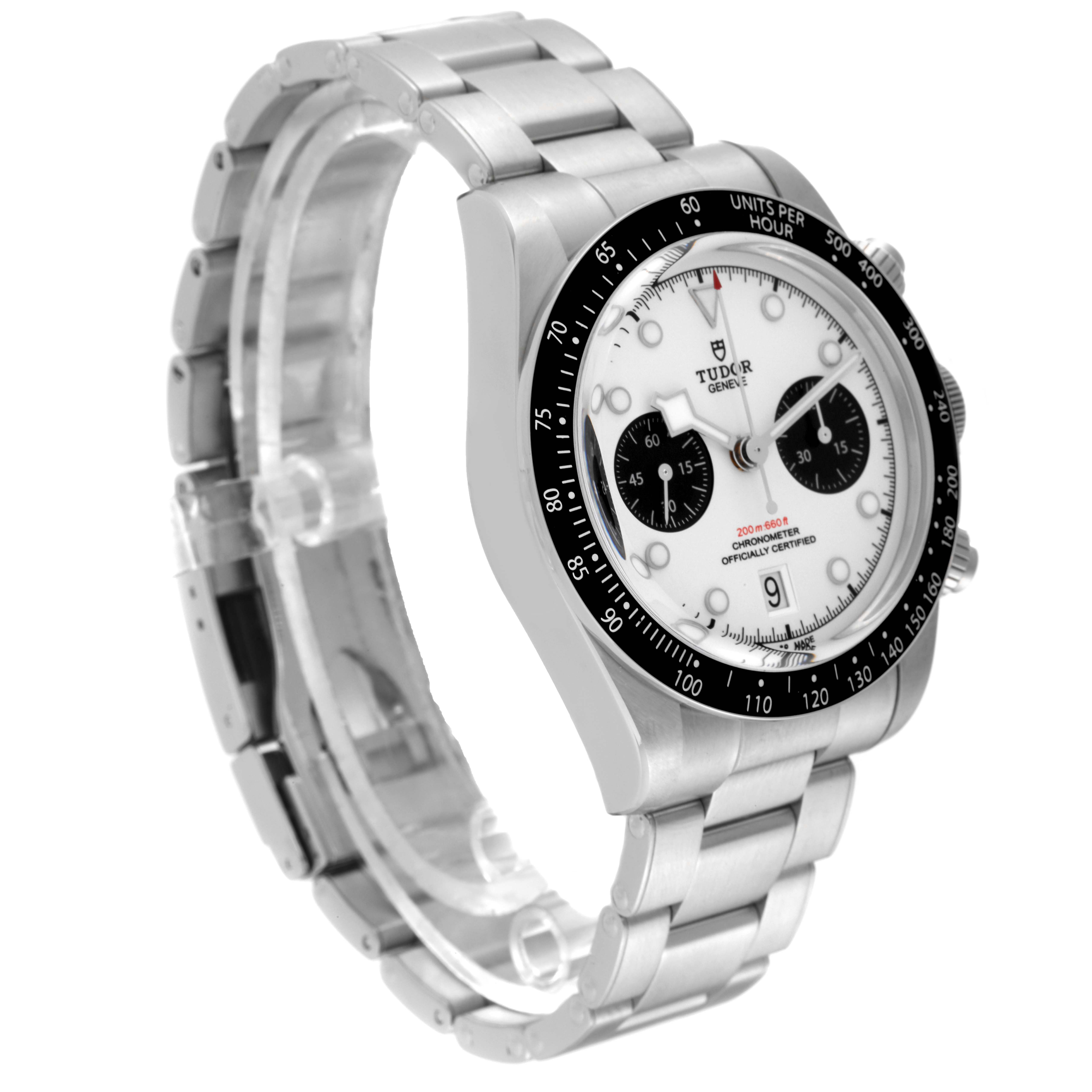 The Tudor Heritage Black Bay 79360N-002 Men's Stainless Steel White Dial 79360N-002 Men's Stainless Steel White Dial watch is shown at a three-quarter angle, displaying the face, bezel, case, and bracelet.