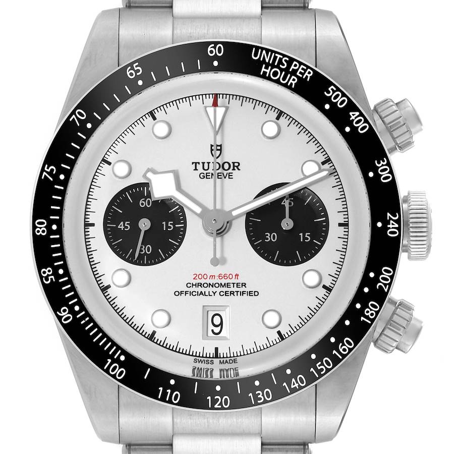 The Tudor Heritage Black Bay model is shown from the front, highlighting its dial, chronograph sub-dials, and bezel.