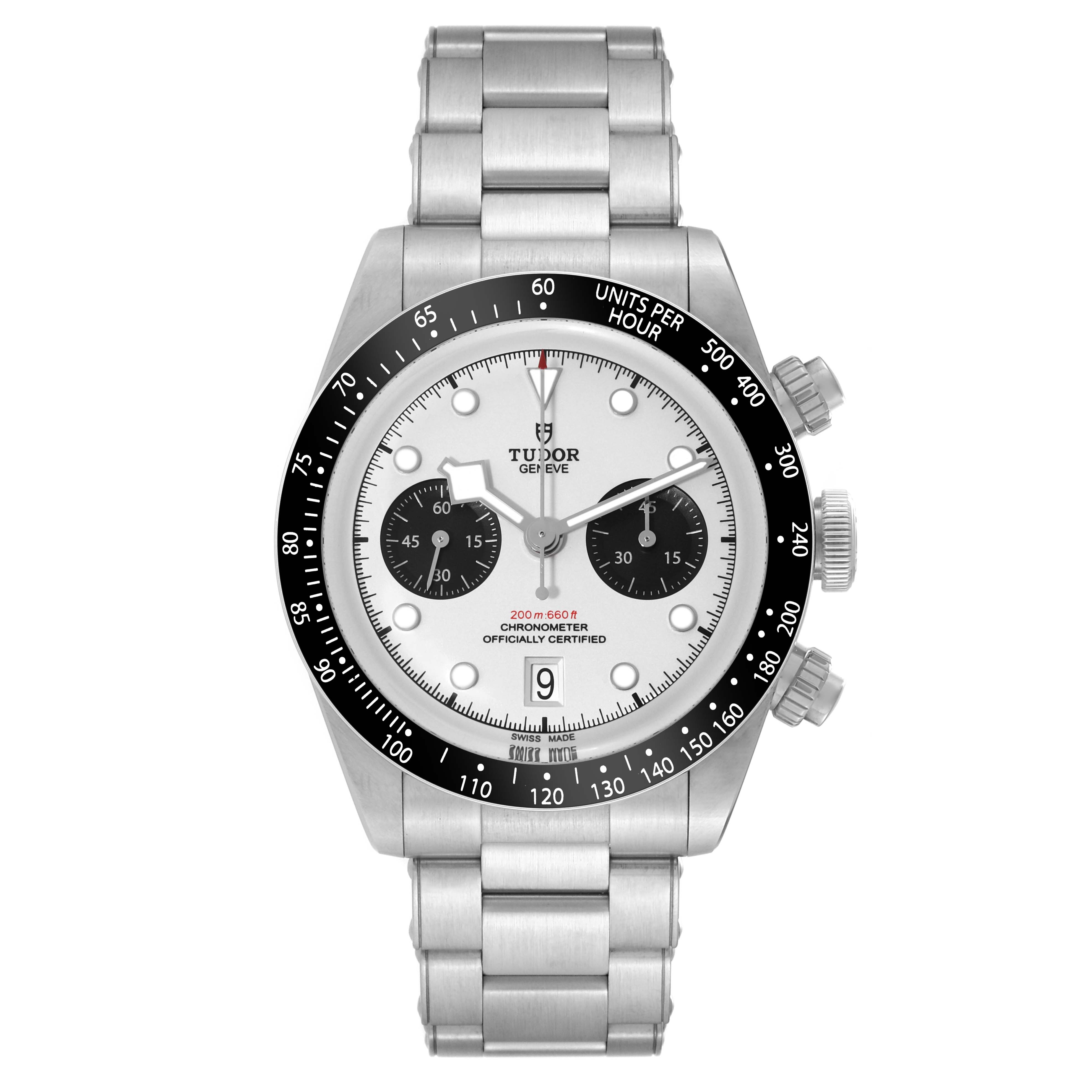The image shows the Tudor Heritage Black Bay 79360N-002 Men's Stainless Steel White Dial 79360N-002 Men's Stainless Steel White Dial watch, front view, featuring its dial, bezel, chronograph buttons, and bracelet.