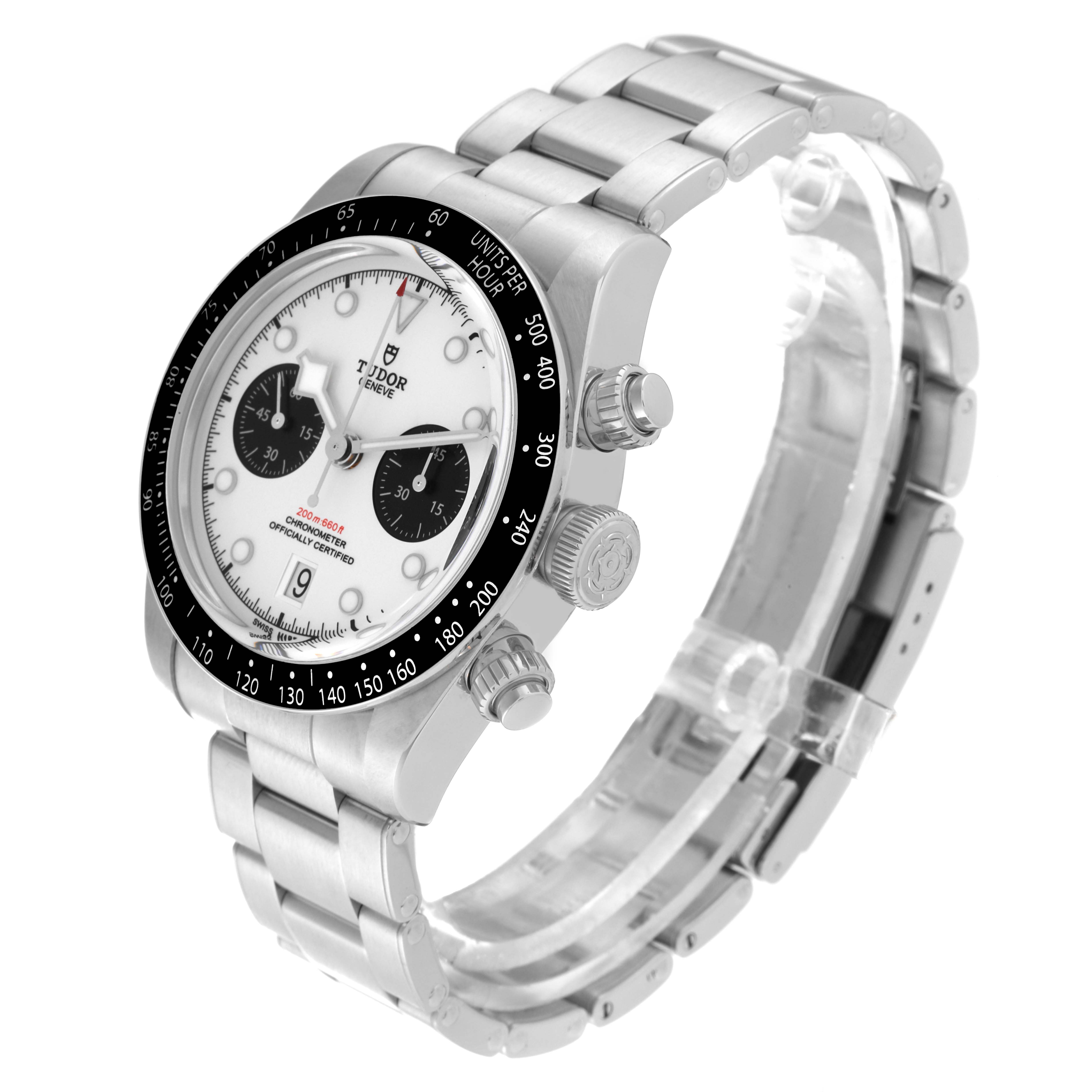 The Tudor Heritage Black Bay 79360N-002 Men's Stainless Steel White Dial 79360N-002 Men's Stainless Steel White Dial watch is shown at an angle displaying its dial, bezel, crown, pushers, and bracelet.