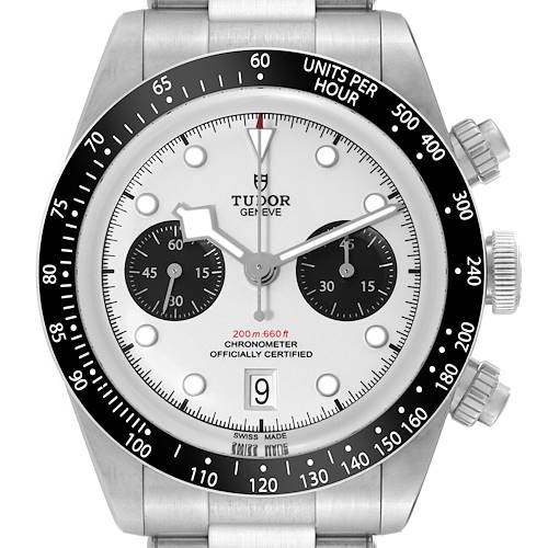 The image shows a front angle of the Tudor Heritage Black Bay watch, highlighting its dial, chronograph subdials, and bezel.