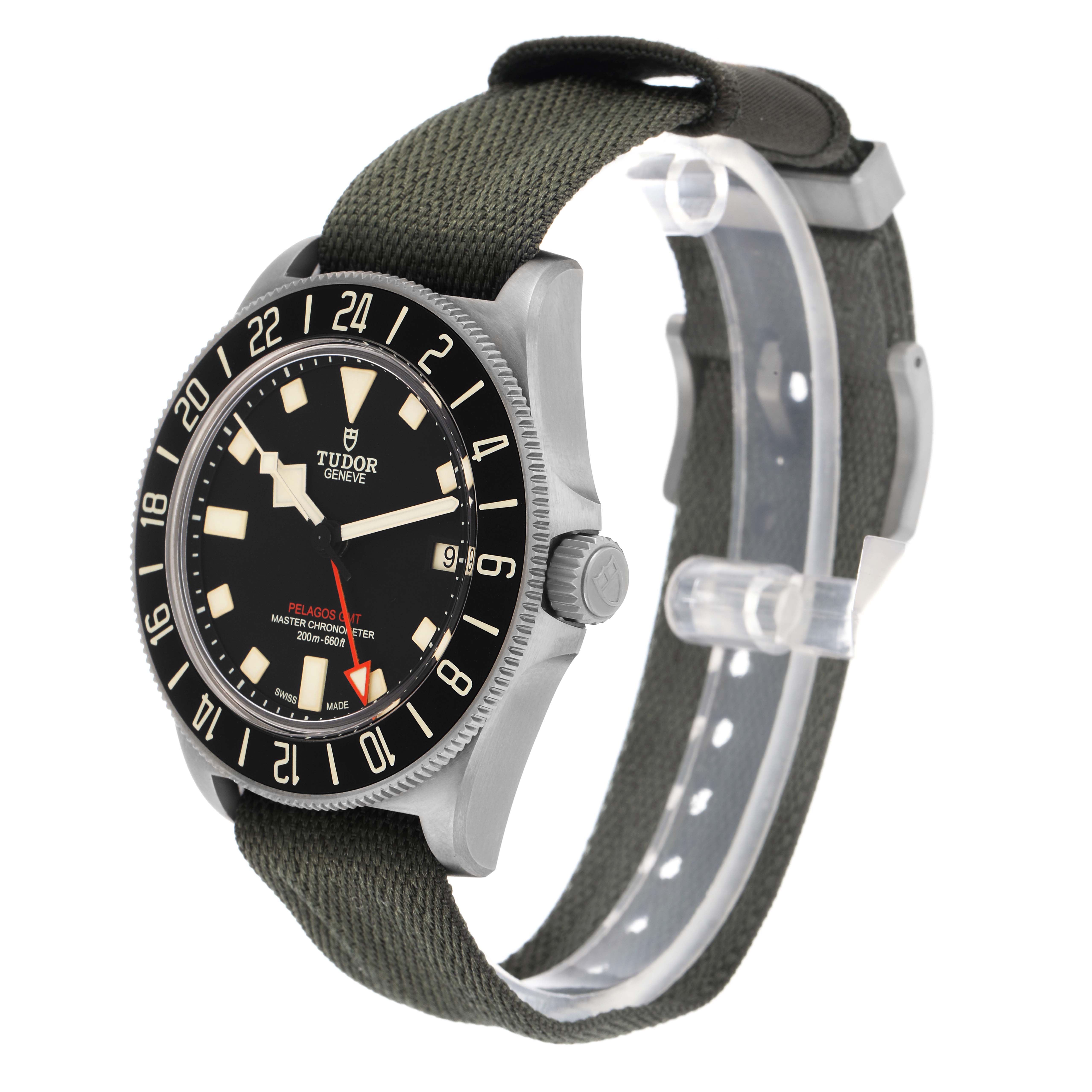 The Tudor Pelagos M2542G257NU Men
s Titanium Black Dial model watch is shown at a slight angle, displaying the face, bezel, crown, and fabric strap.
