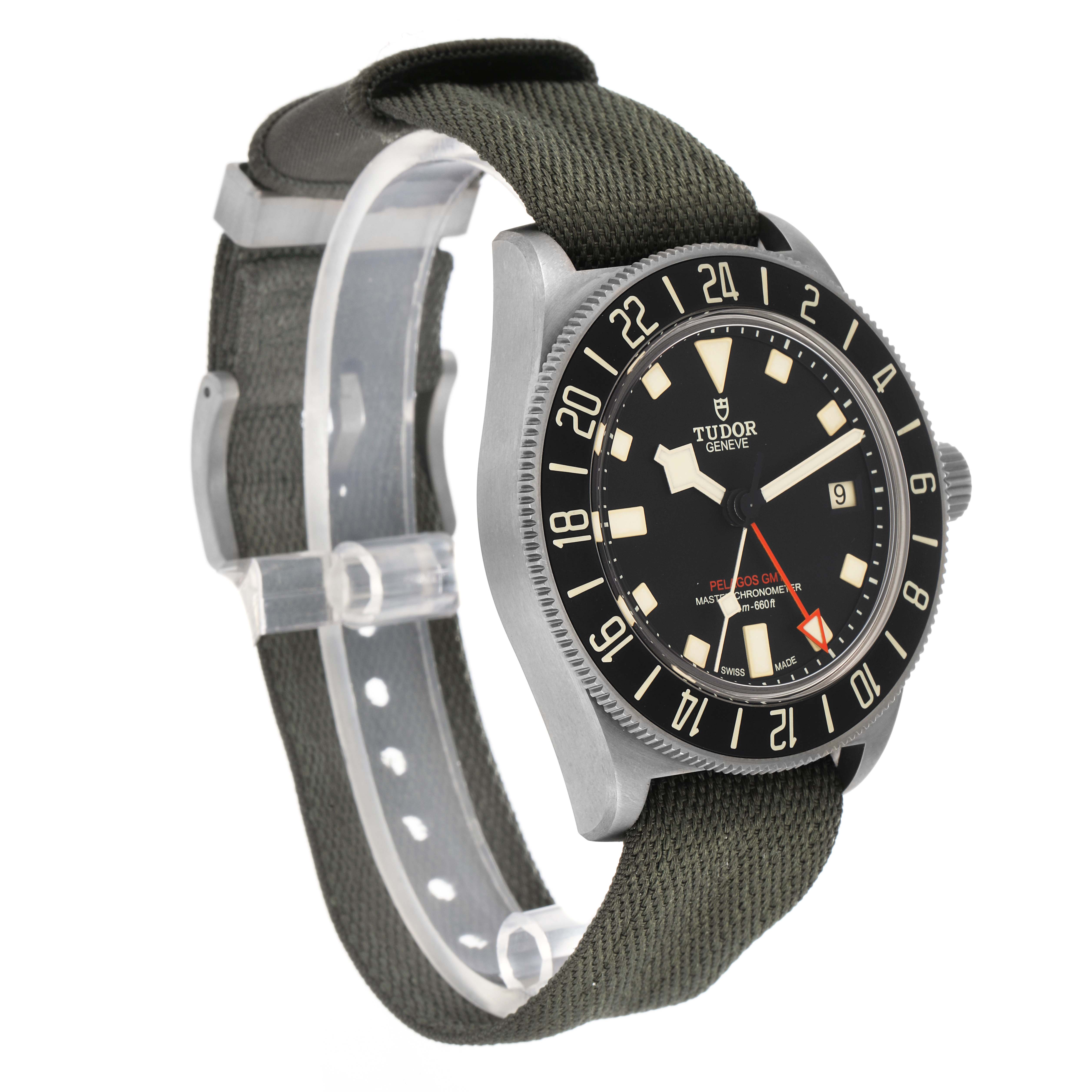 The Tudor Pelagos M2542G257NU Men
s Titanium Black Dial watch is shown at a front angle, highlighting the dial, bezel, and fabric strap.