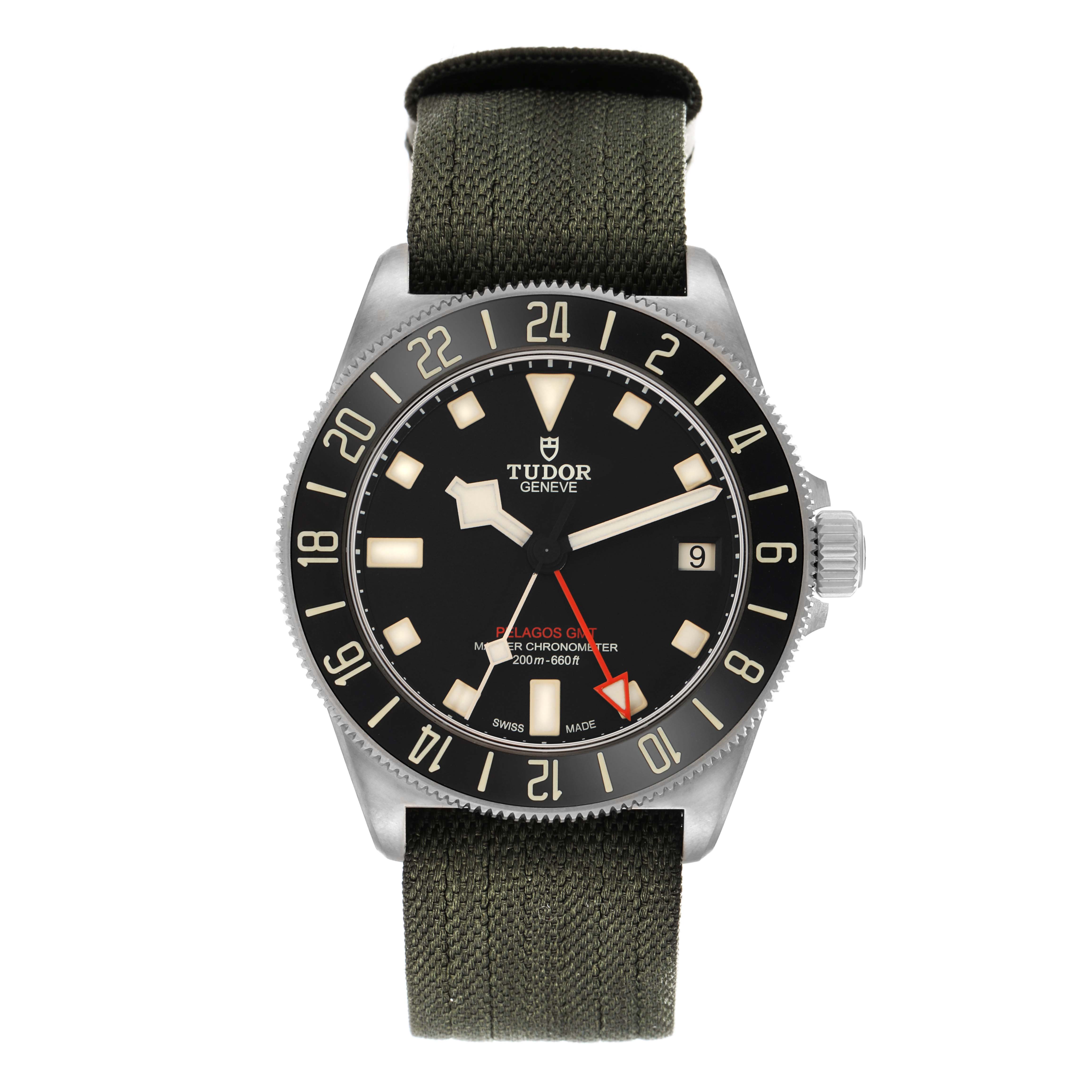 The Tudor Pelagos M2542G257NU Men
s Titanium Black Dial watch is shown from a front angle, highlighting the dial, bezel, crown, and fabric strap.
