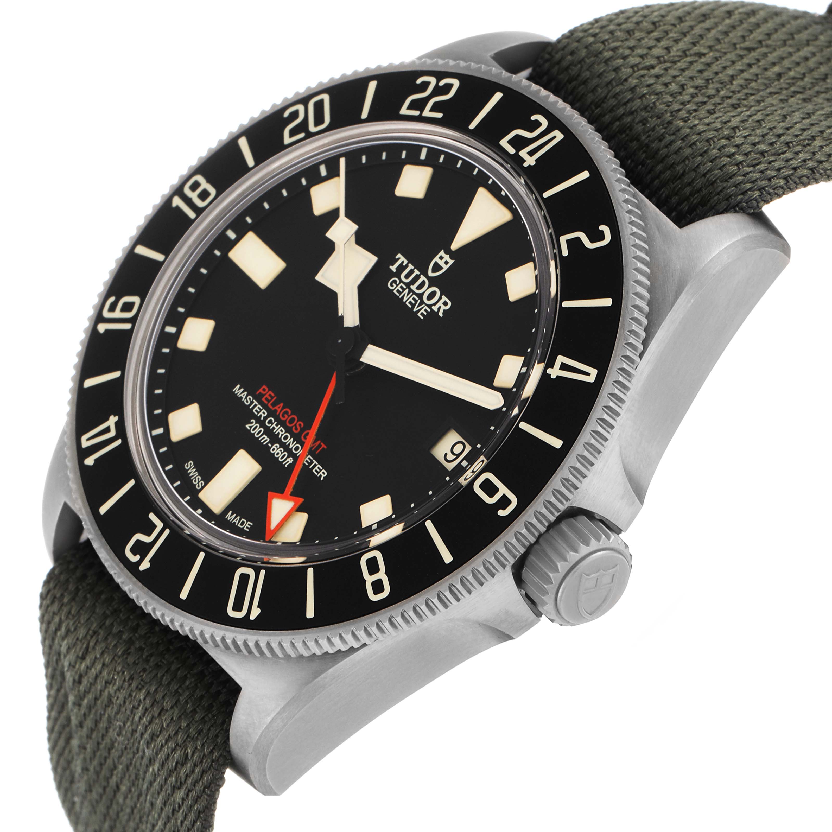 The Tudor Pelagos M2542G257NU Men
s Titanium Black Dial watch is shown at a slight angle, highlighting the dial, bezel, crown, and olive strap.