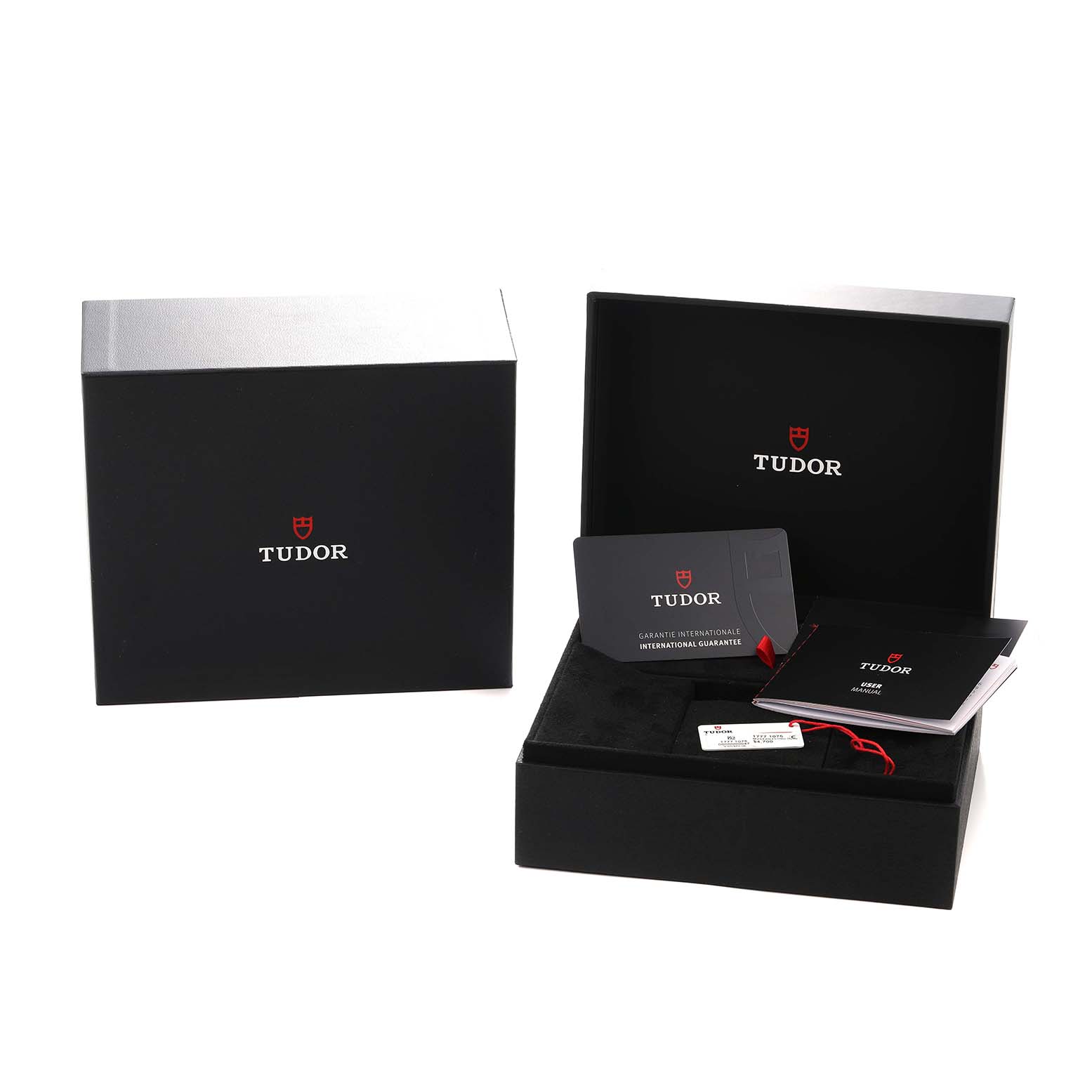 The image shows the Tudor Pelagos M2542G257NU Men
s Titanium Black Dial watch packaging and accessories, including manuals and a warranty card.
