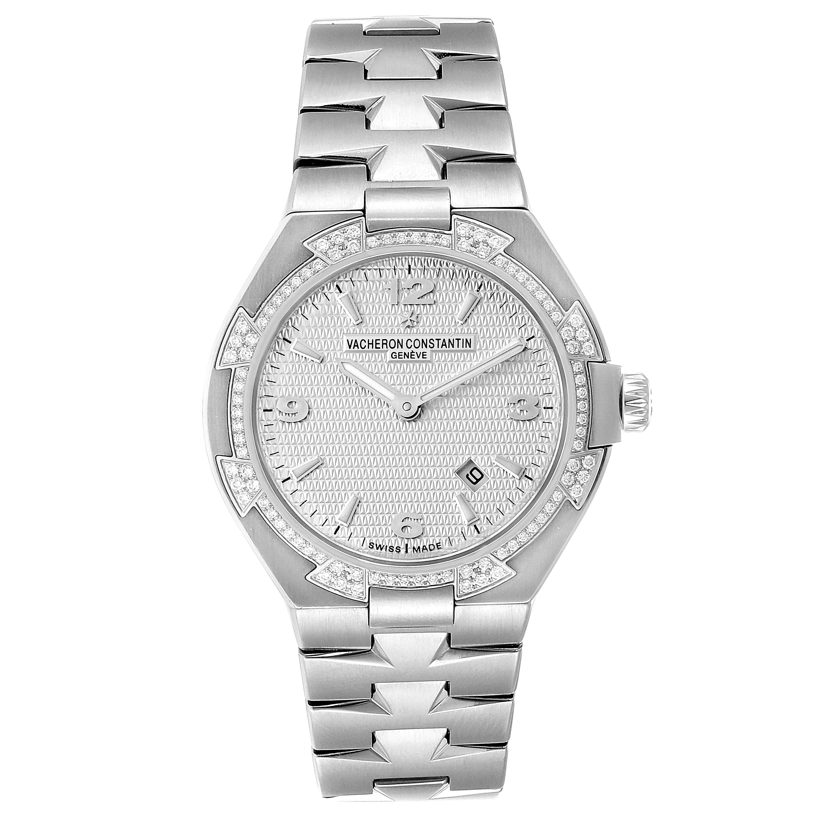 The image shows a Vacheron Constantin Overseas 25750/D01A/9123 Women's Stainless Steel Silver Dial 25750/D01A/9123 Women's Stainless Steel Silver Dial model watch from a front angle, displaying the dial, bezel, and bracelet.