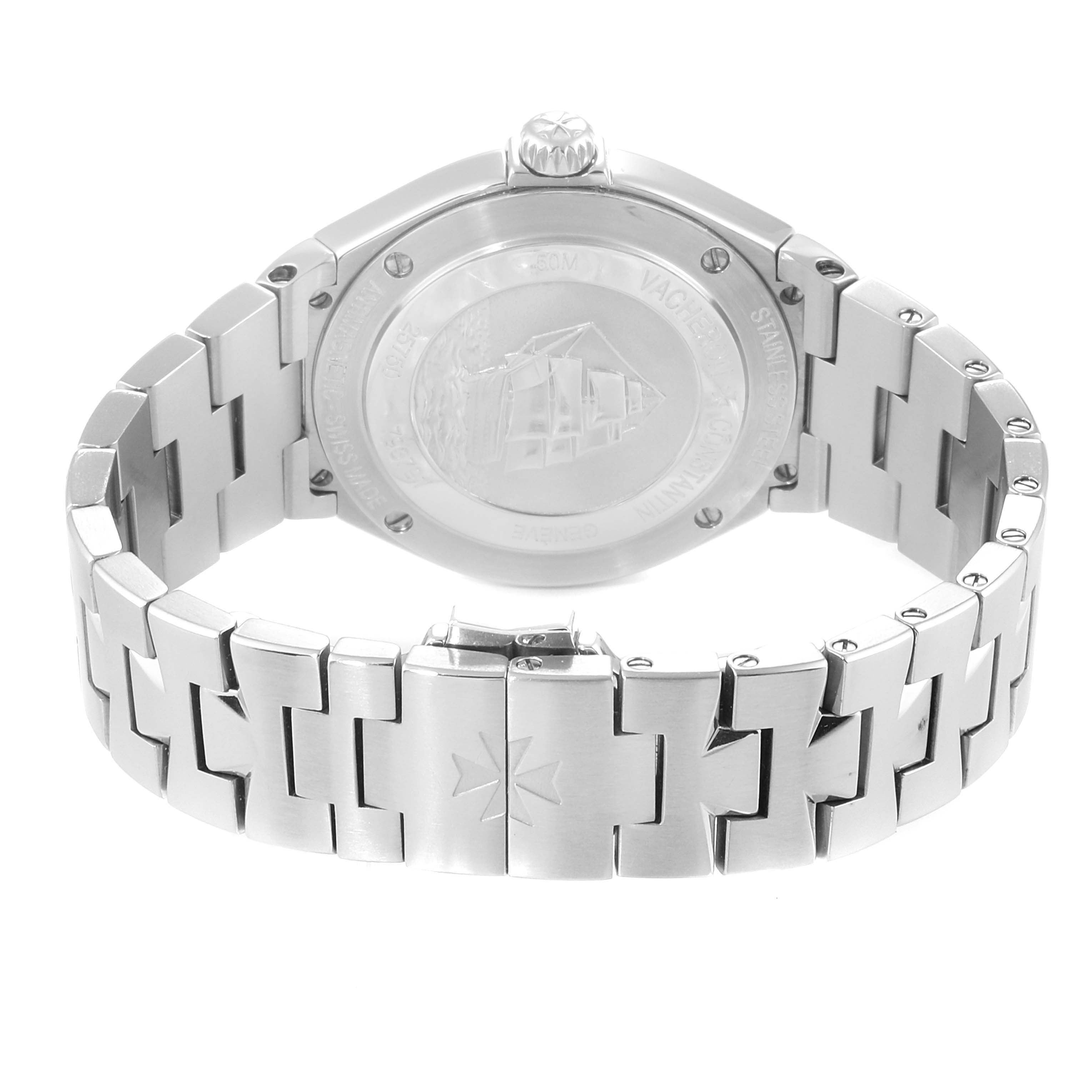 The image shows the back view of the Vacheron Constantin Overseas 25750/D01A/9123 Women's Stainless Steel Silver Dial 25750/D01A/9123 Women's Stainless Steel Silver Dial model watch, highlighting its case back and bracelet clasp.