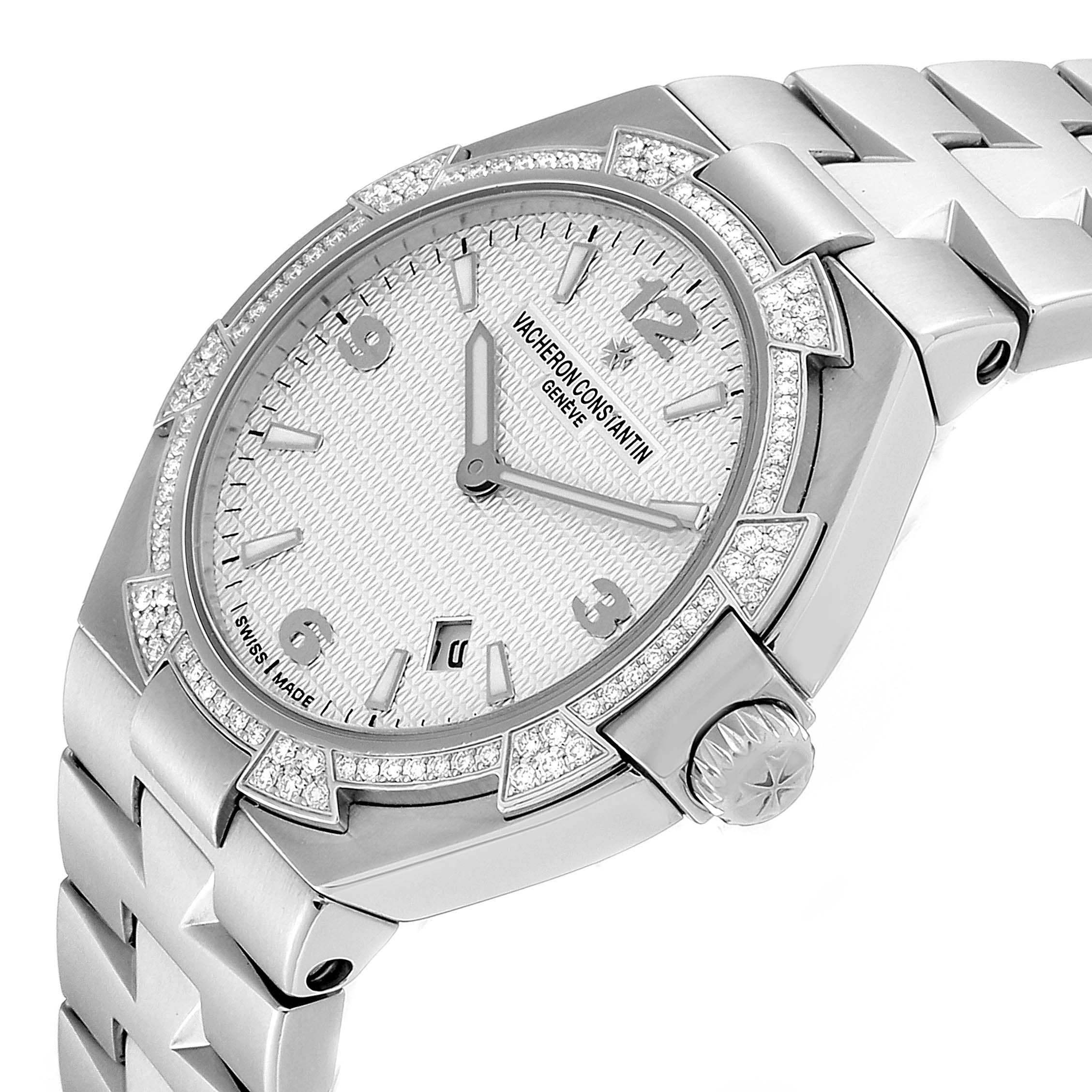 The image shows a Vacheron Constantin Overseas 25750/D01A/9123 Women's Stainless Steel Silver Dial 25750/D01A/9123 Women's Stainless Steel Silver Dial watch from a slightly angled perspective highlighting its face, bezel, crown, and bracelet.
