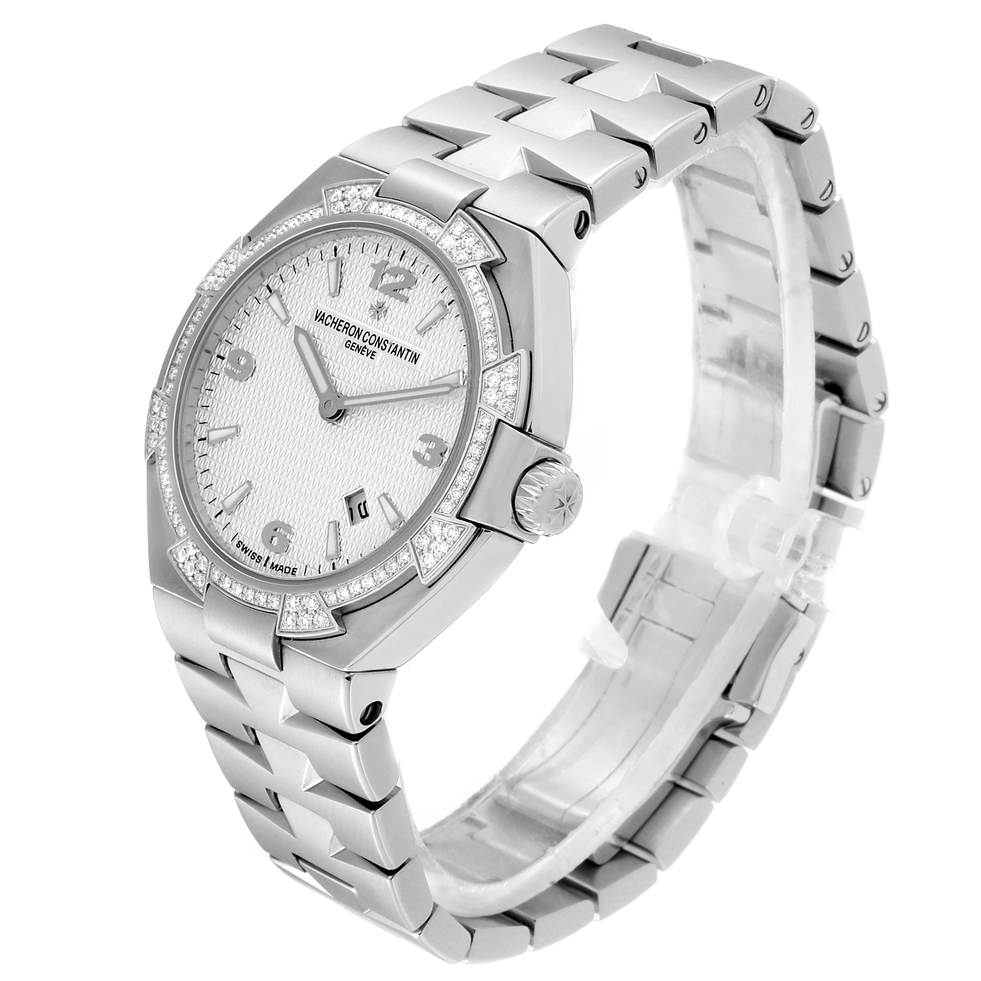 The image shows a Vacheron Constantin Overseas 25750/D01A/9123 Women's Stainless Steel Silver Dial 25750/D01A/9123 Women's Stainless Steel Silver Dial model watch from a three-quarter angle, displaying the face, bezel, crown, and bracelet.