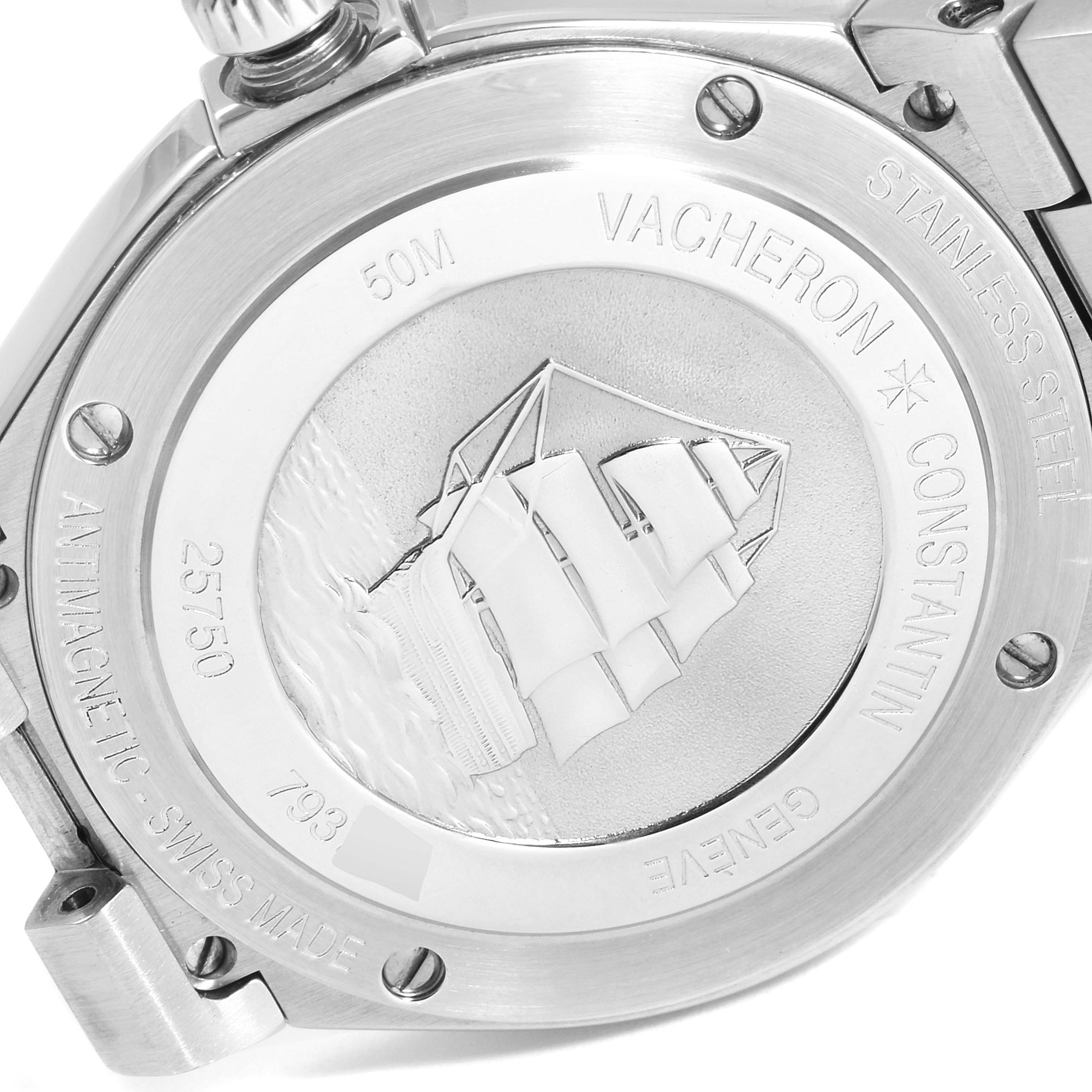 The image shows the case back of the Vacheron Constantin Overseas 25750/D01A/9123 Women's Stainless Steel Silver Dial 25750/D01A/9123 Women's Stainless Steel Silver Dial watch, displaying its engravings and detailing, including a ship motif.