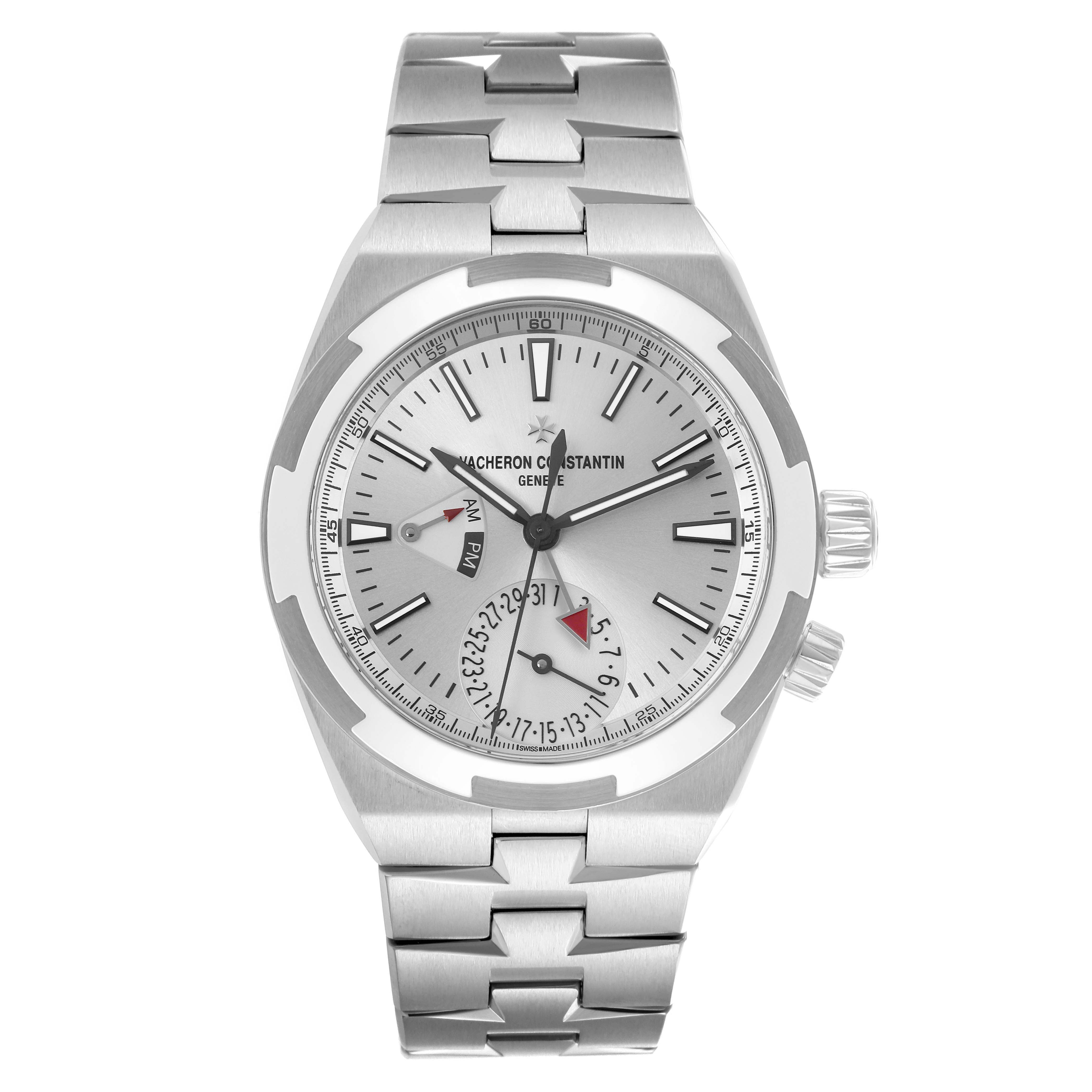 The Vacheron Constantin Overseas 7900V Men
s Stainless Steel Silver Dial watch is shown from a front angle, featuring its dial, bezel, and bracelet.