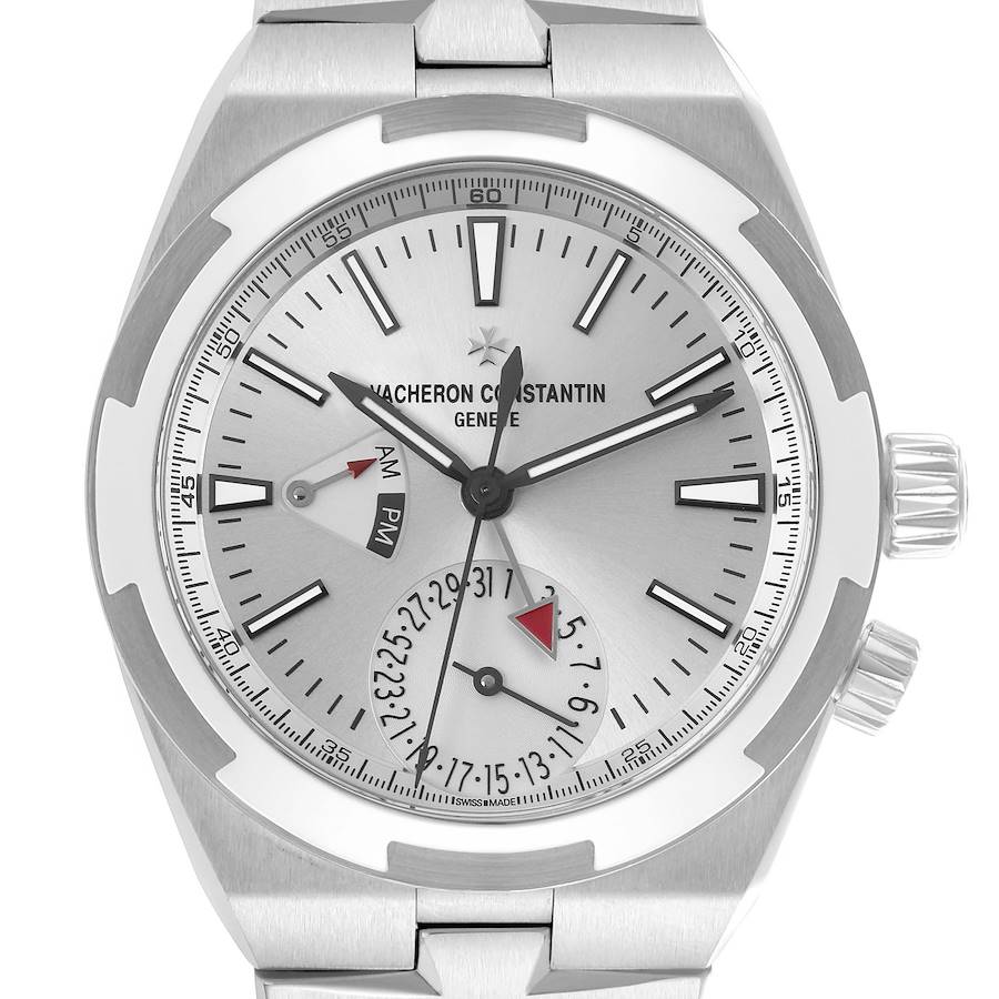 The Vacheron Constantin Overseas 7900V Men's Stainless Steel Silver Dial watch is shown from the front, displaying the dial, hands, sub-dials, and crown.