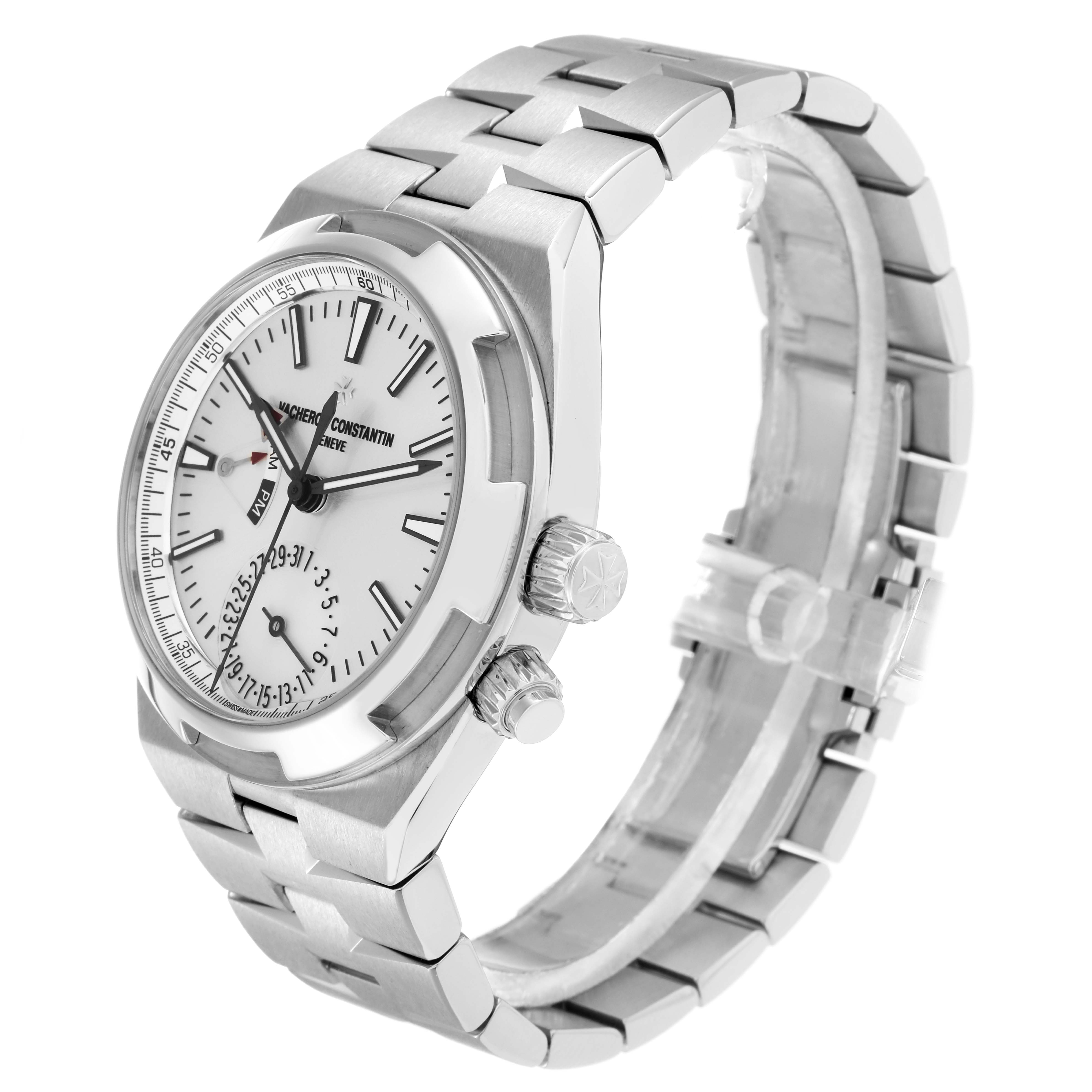 The Vacheron Constantin Overseas 7900V Men
s Stainless Steel Silver Dial watch is shown at a three-quarter angle, displaying the face, side, and part of the bracelet.