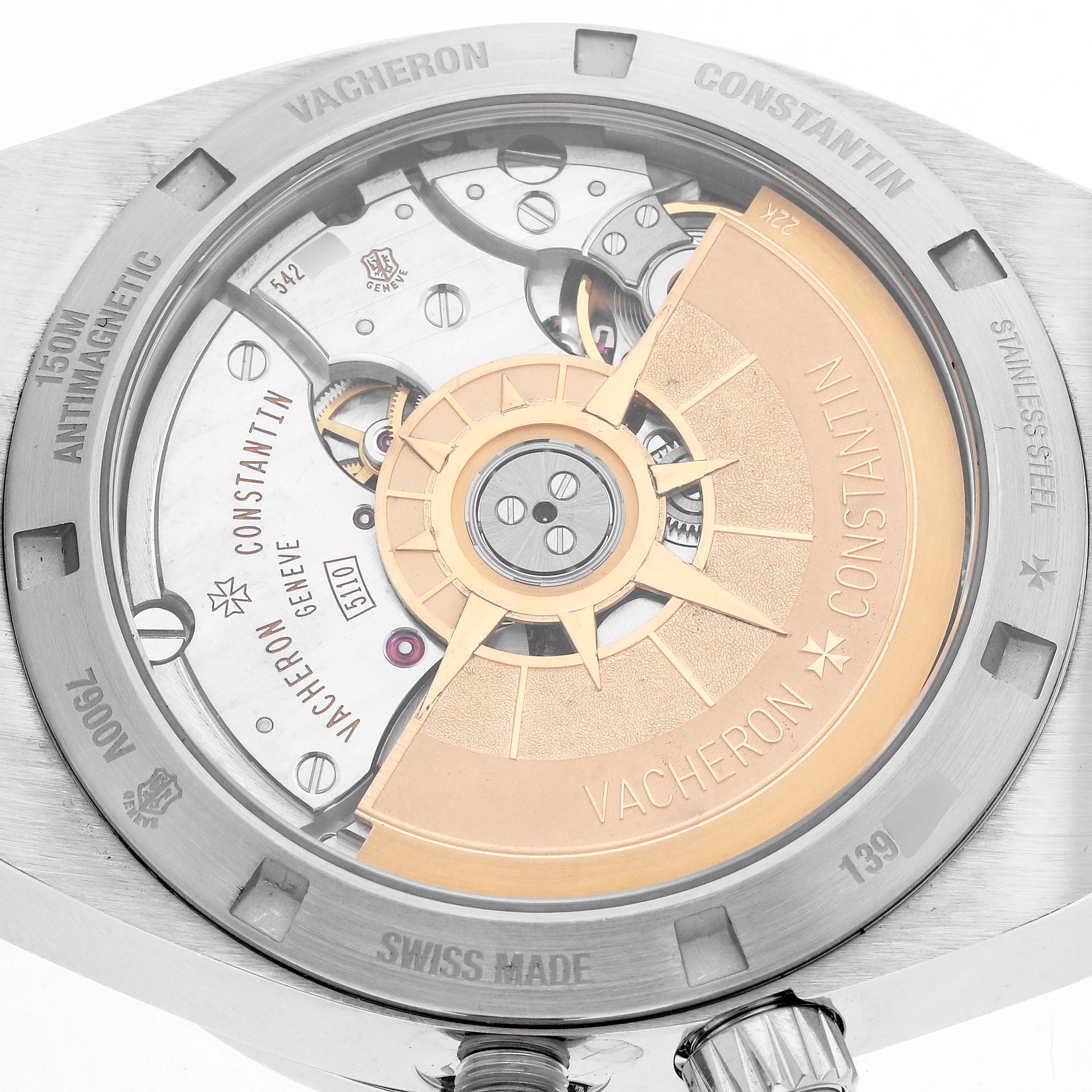 The image shows the case back of the Vacheron Constantin Overseas 7900V Men
s Stainless Steel Silver Dial watch, highlighting its movement and rotor.