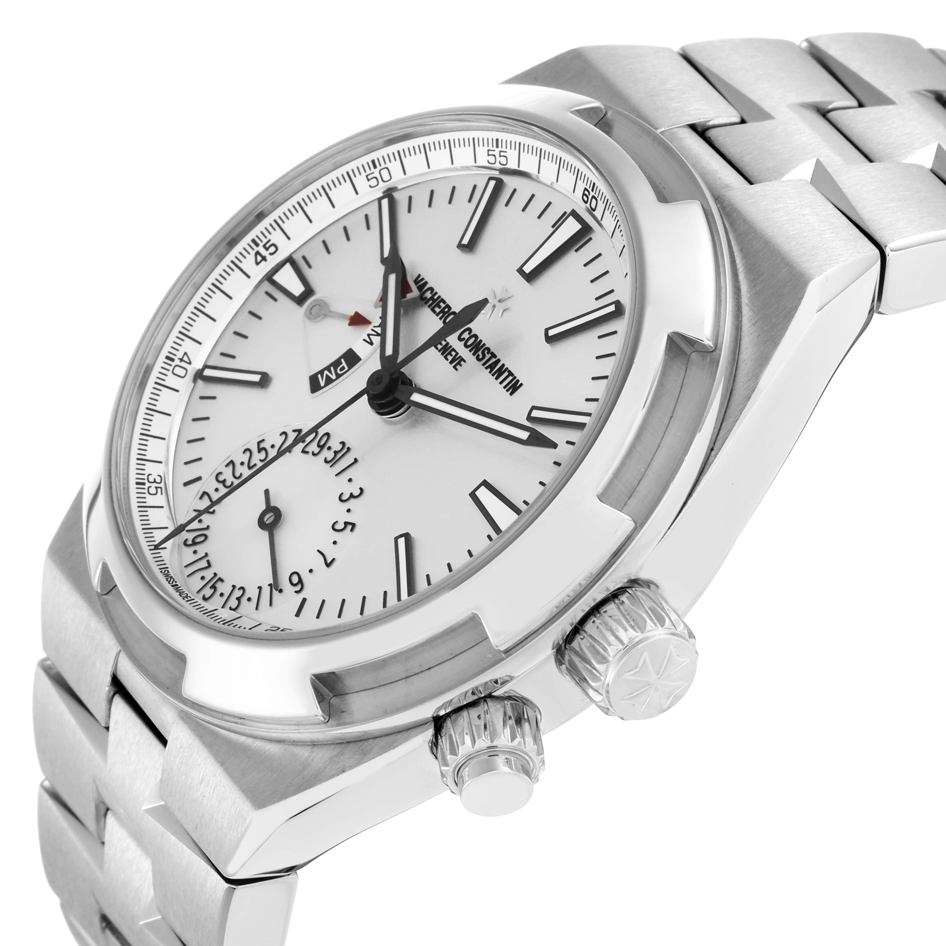 The Vacheron Constantin Overseas 7900V Men
s Stainless Steel Silver Dial watch is shown at a slight angle, highlighting the dial, crown, and bracelet.