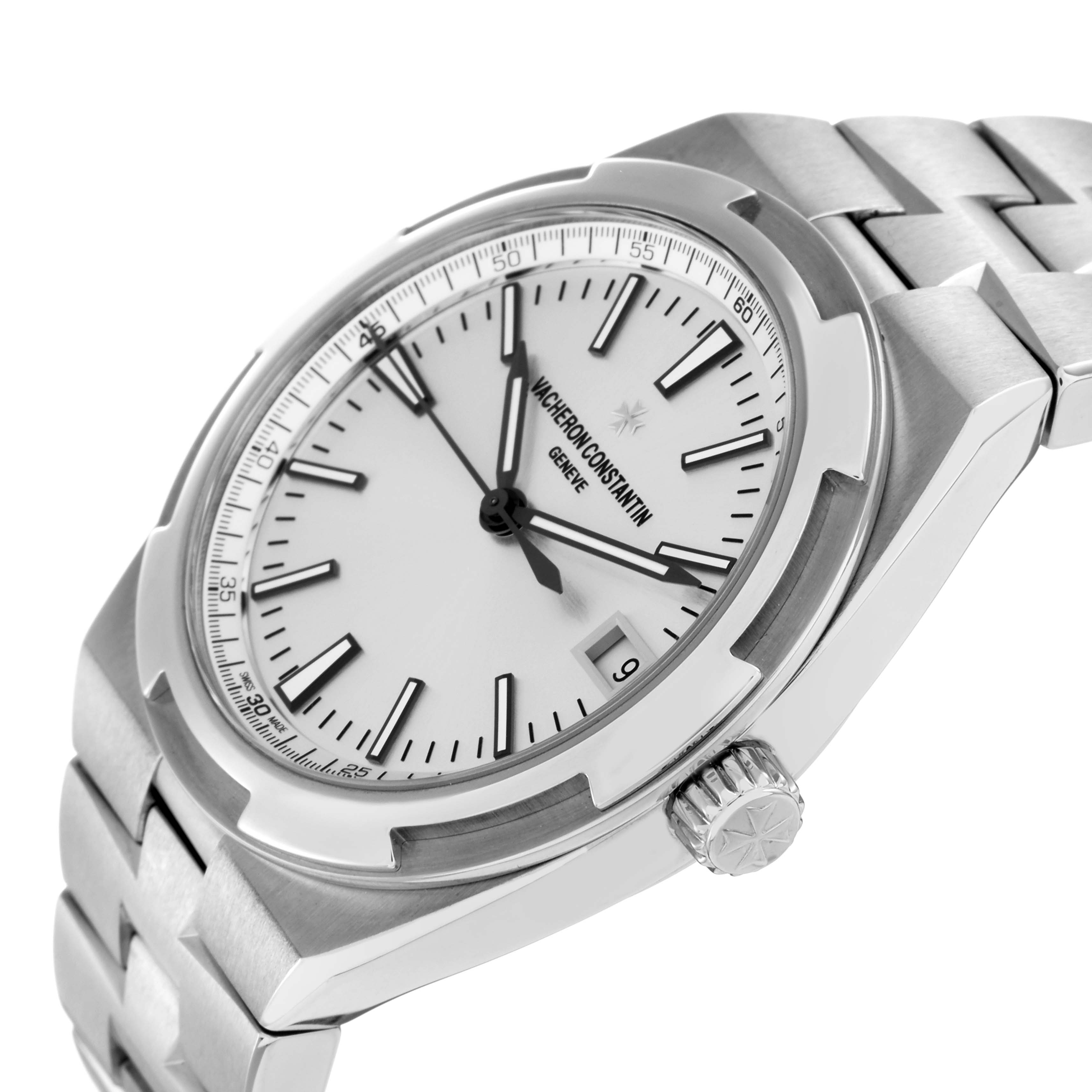 The Vacheron Constantin Overseas 4500V Men
s Stainless Steel Silver Dial watch is shown at a slight angle, highlighting the dial, bezel, crown, and part of the bracelet.