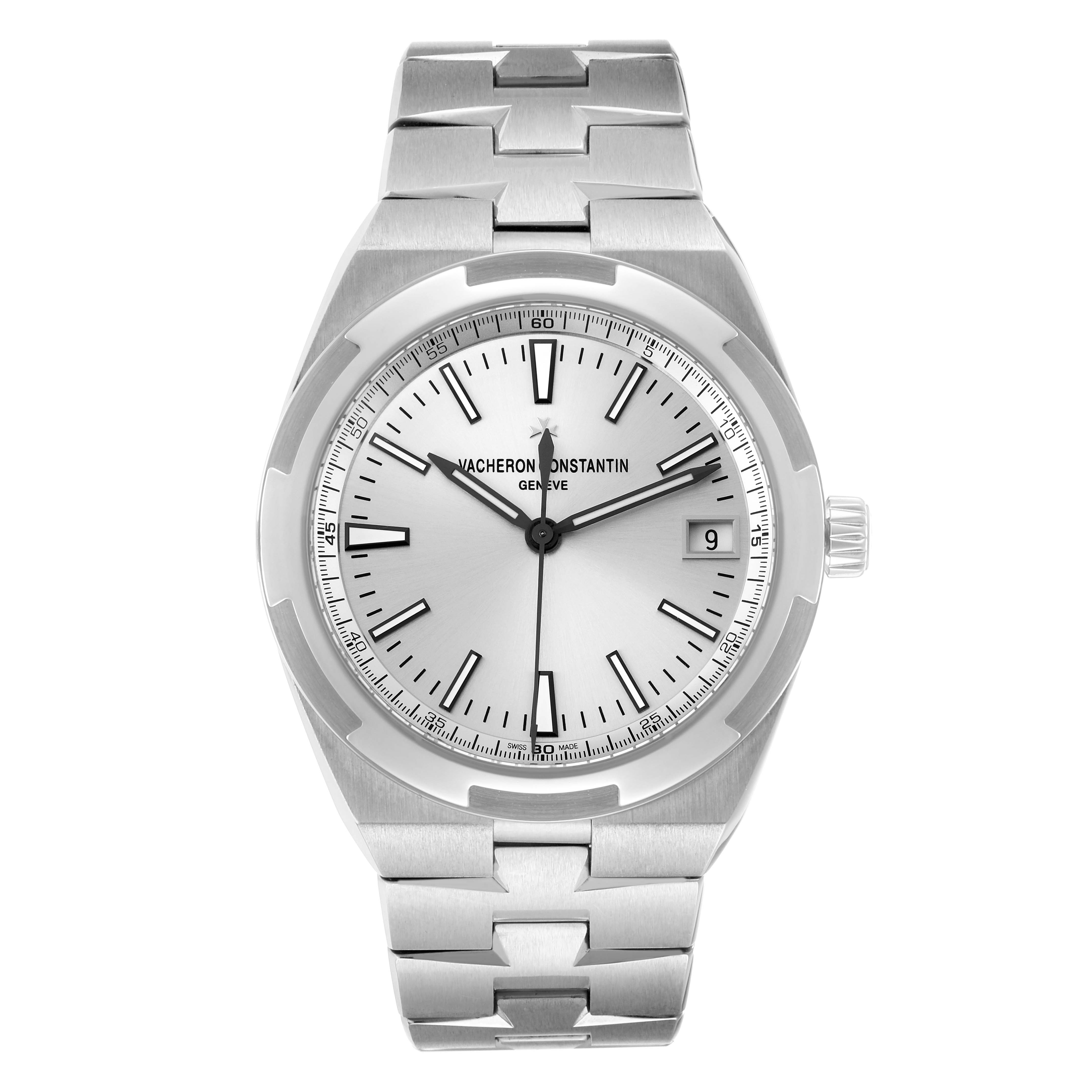 The Vacheron Constantin Overseas 4500V Men
s Stainless Steel Silver Dial watch is shown from a top-down angle, highlighting its face, bezel, bracelet, and crown.