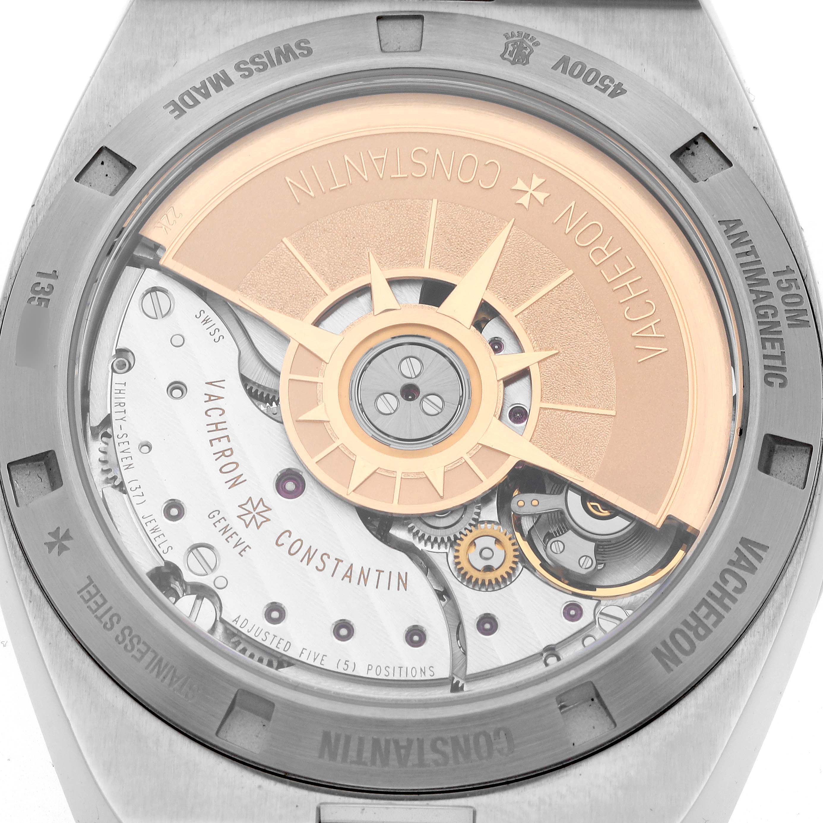 The image shows the case back of a Vacheron Constantin Overseas 4500V Men
s Stainless Steel Silver Dial watch, highlighting the automatic movement and rotor.