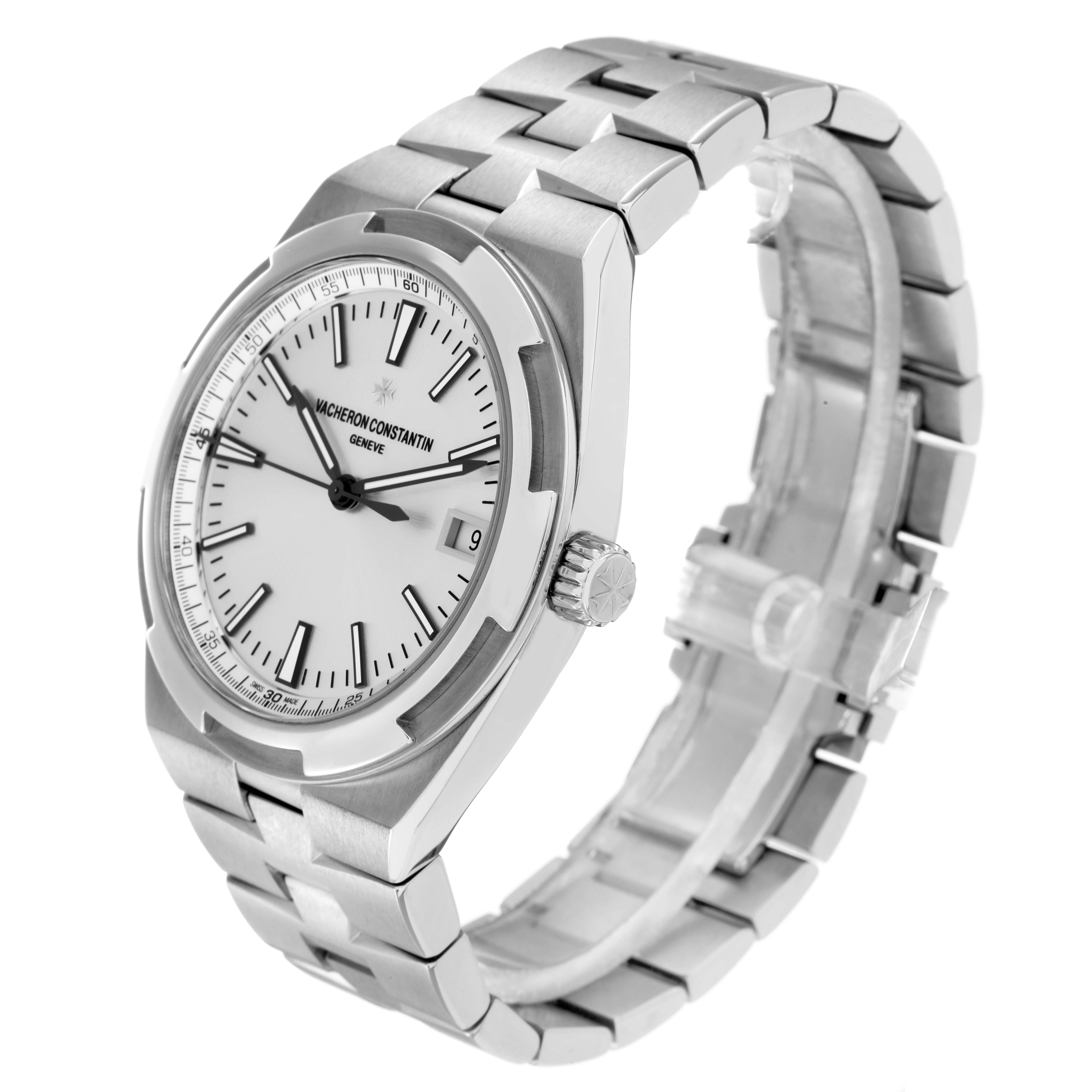 The Vacheron Constantin Overseas 4500V Men
s Stainless Steel Silver Dial watch is shown at a three-quarter angle, displaying the face, crown, case, and bracelet.