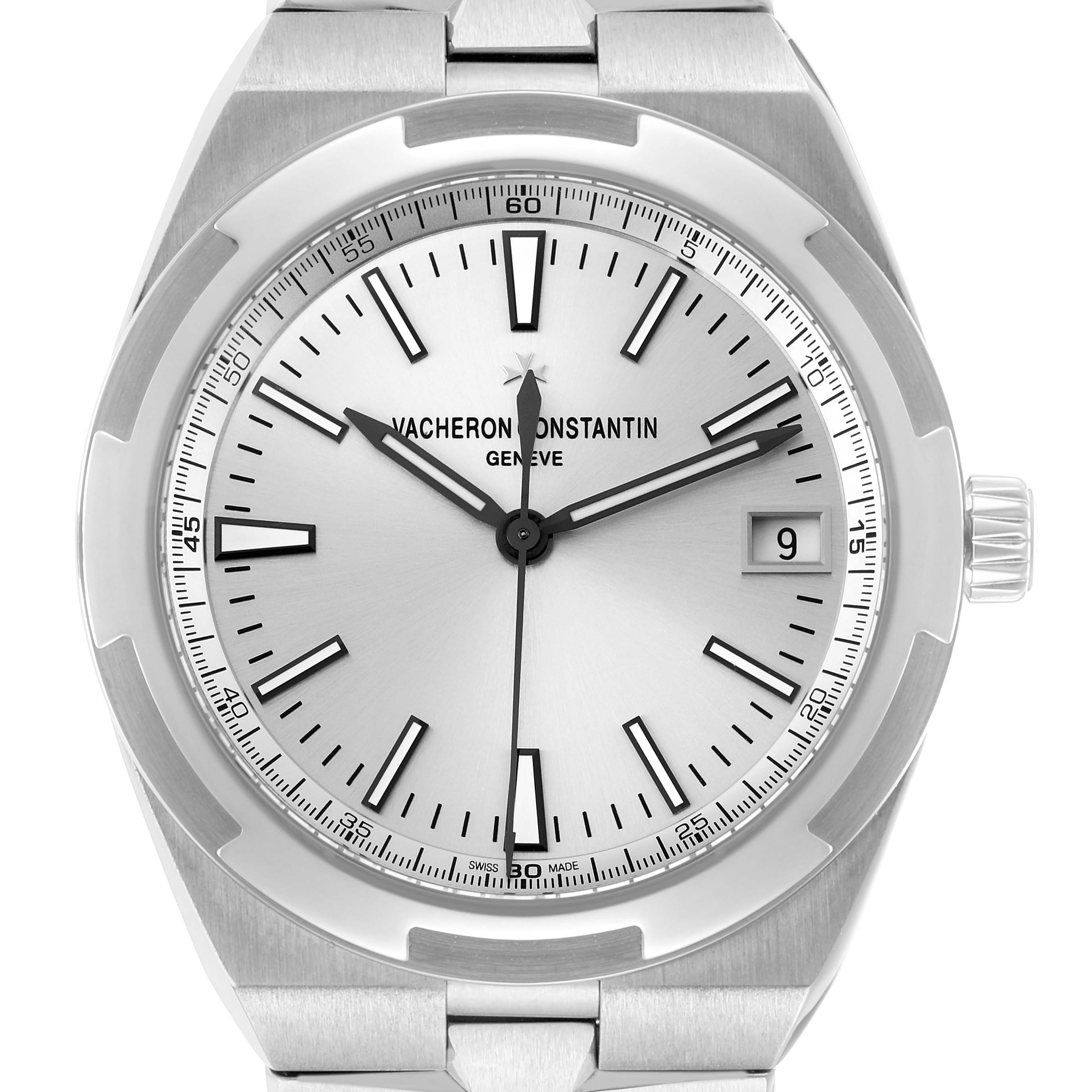 The Vacheron Constantin Overseas 4500V Men
s Stainless Steel Silver Dial watch is shown from a top-down angle, displaying the face, dial, and crown.