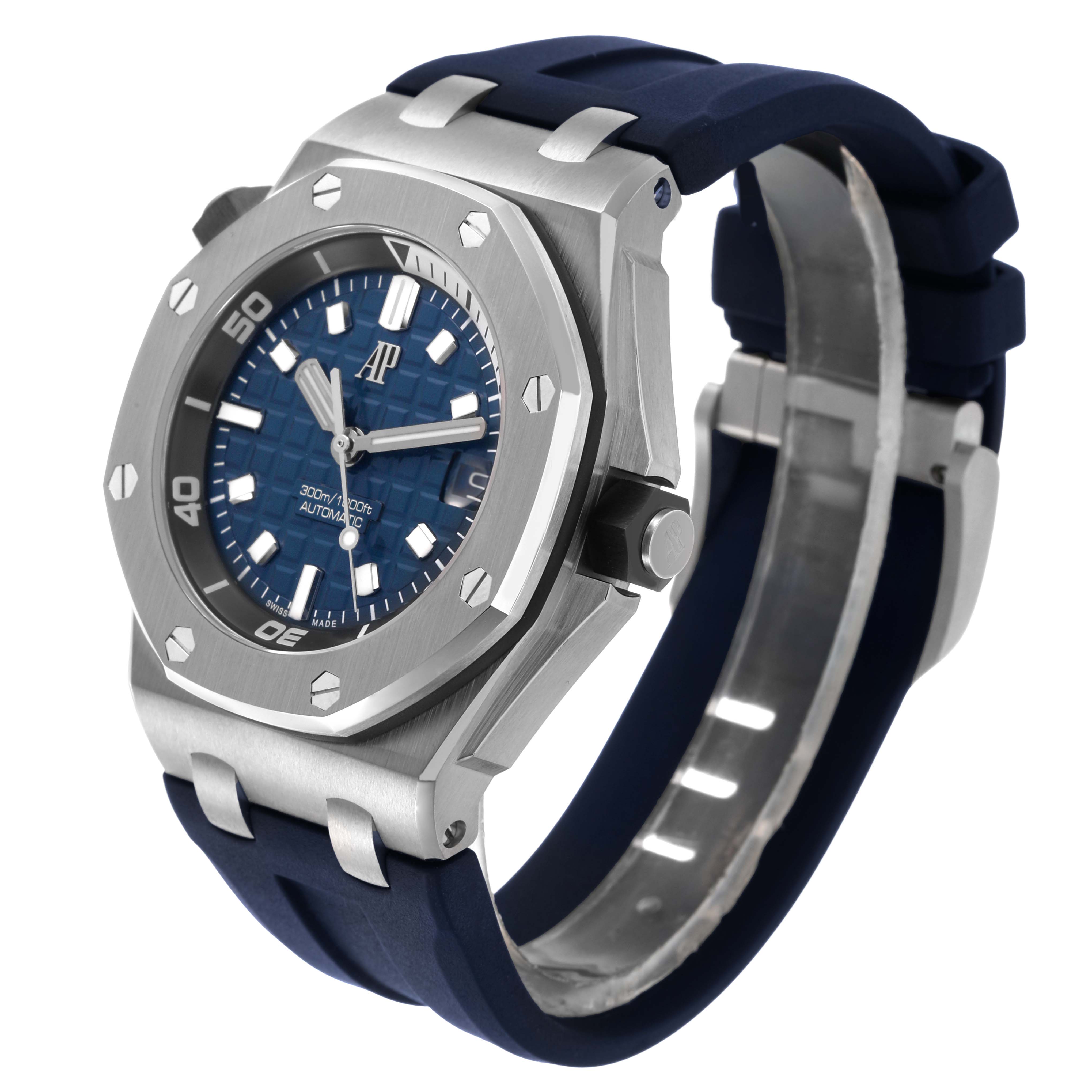 The Audemars Piguet Royal Oak Offshore 15720ST.OO.A027CA.01 Men's Stainless Steel Blue Dial watch is shown at a three-quarter angle, highlighting the bezel, dial, and strap.