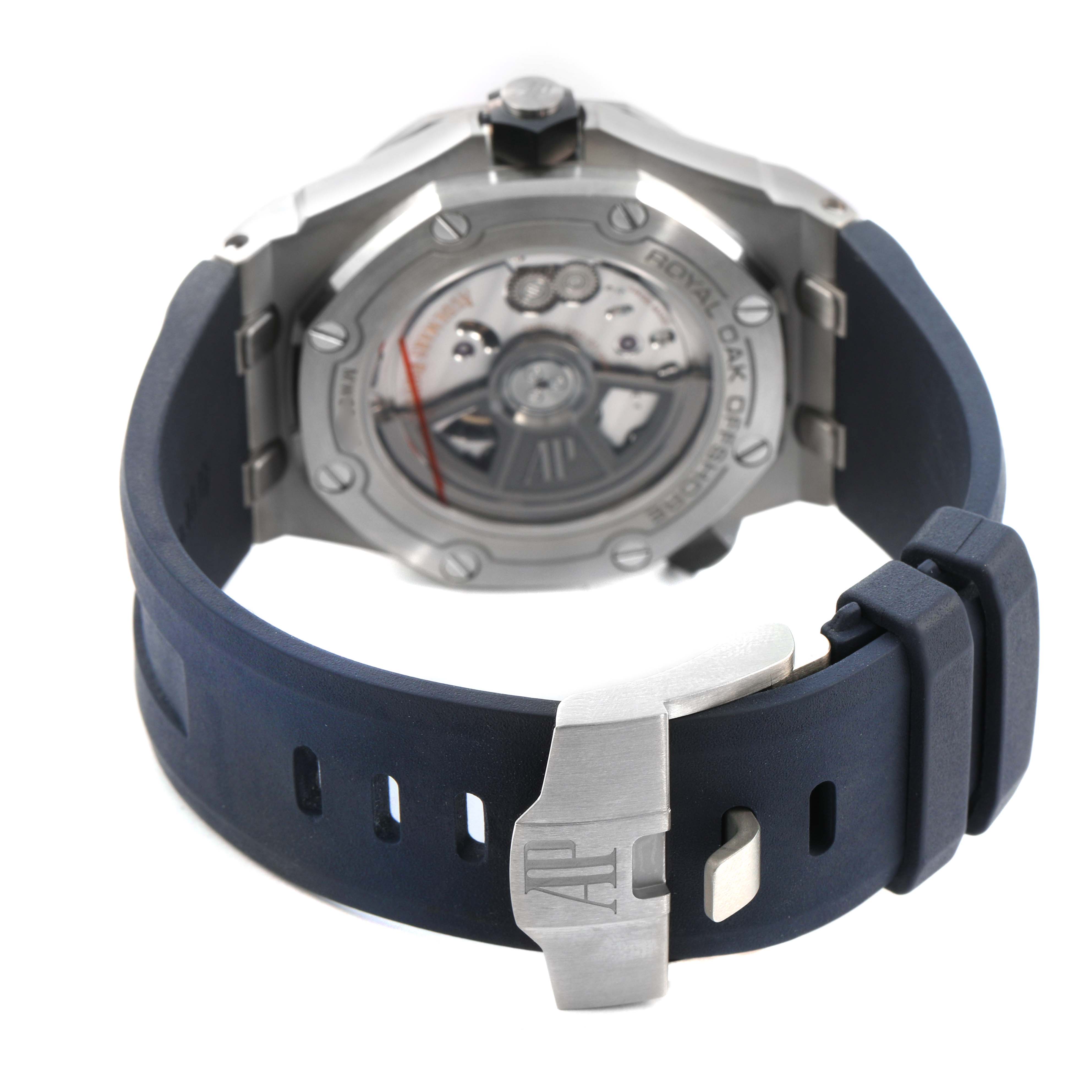 The image shows the back of the Audemars Piguet Royal Oak Offshore 15720ST.OO.A027CA.01 Men's Stainless Steel Blue Dial watch, highlighting the clasp and caseback details.