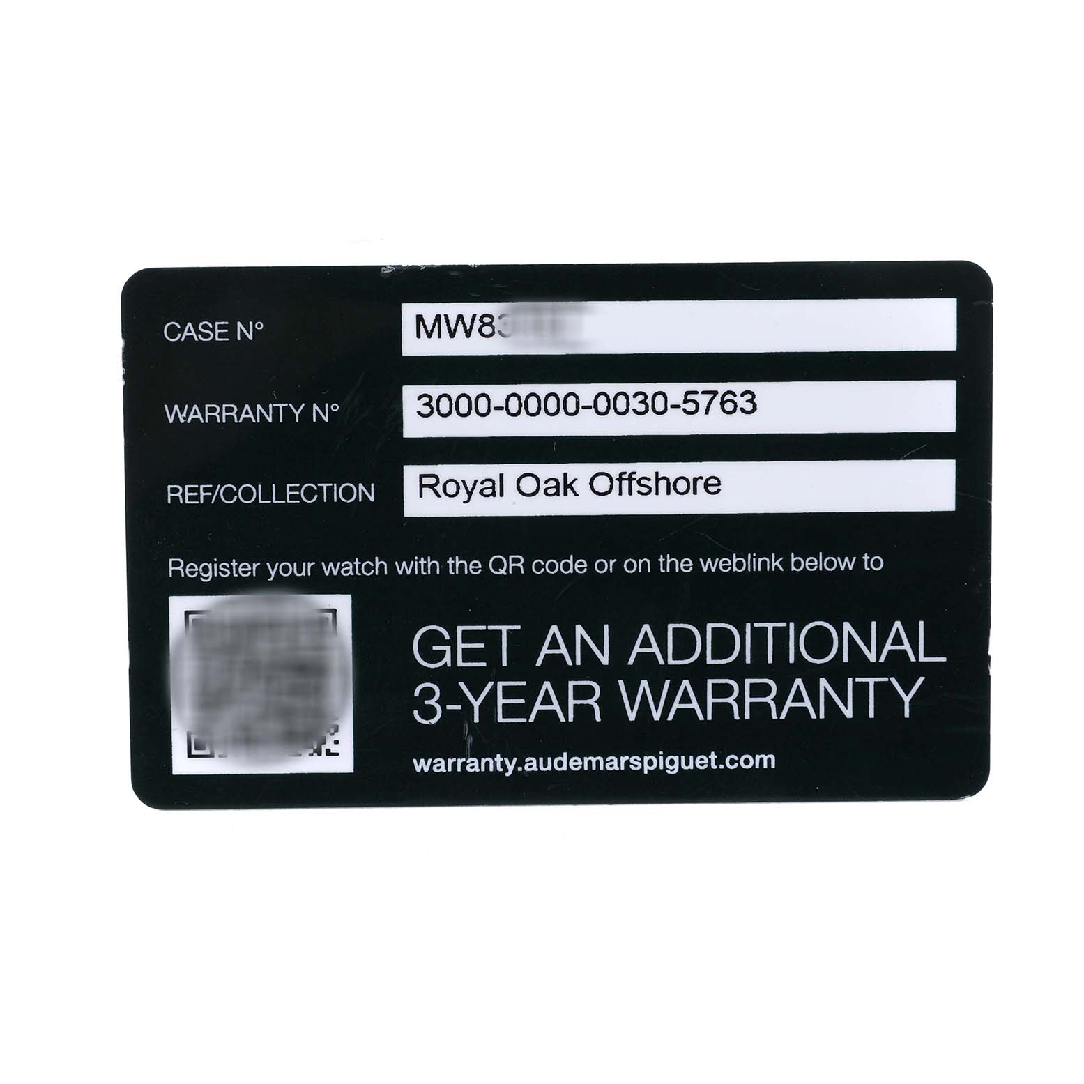 The image shows the warranty card for the Audemars Piguet Royal Oak Offshore 15720ST.OO.A027CA.01 Men's Stainless Steel Blue Dial model, displaying case and warranty numbers.
