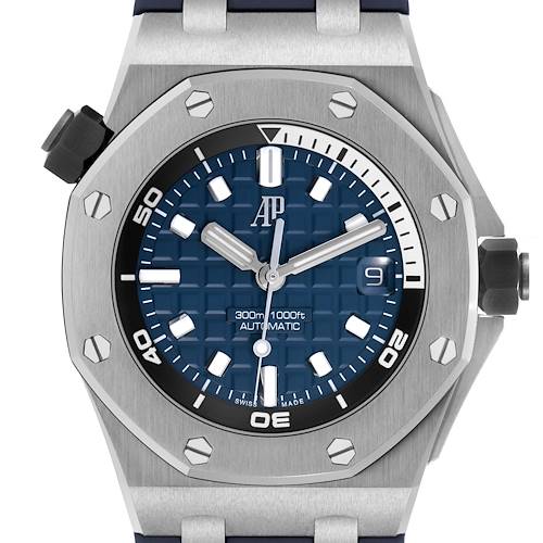 The Audemars Piguet Royal Oak Offshore 15720ST.OO.A027CA.01 Men's Stainless Steel Blue Dial watch is shown from the top, highlighting the dial, bezel, and pushers.