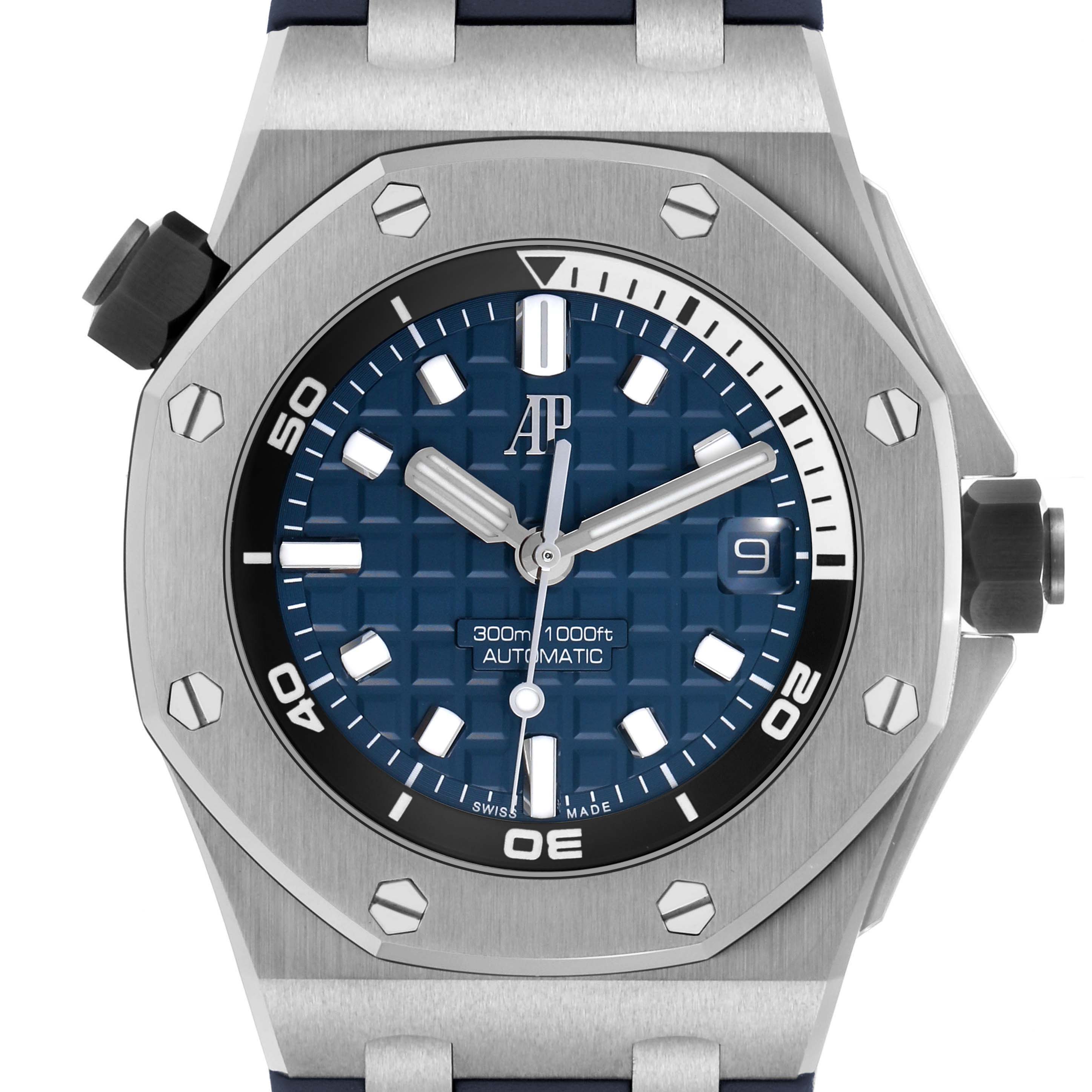 The Audemars Piguet Royal Oak Offshore 15720ST.OO.A027CA.01 Men's Stainless Steel Blue Dial is shown from a front angle, highlighting the octagonal bezel, dial, and indices.
