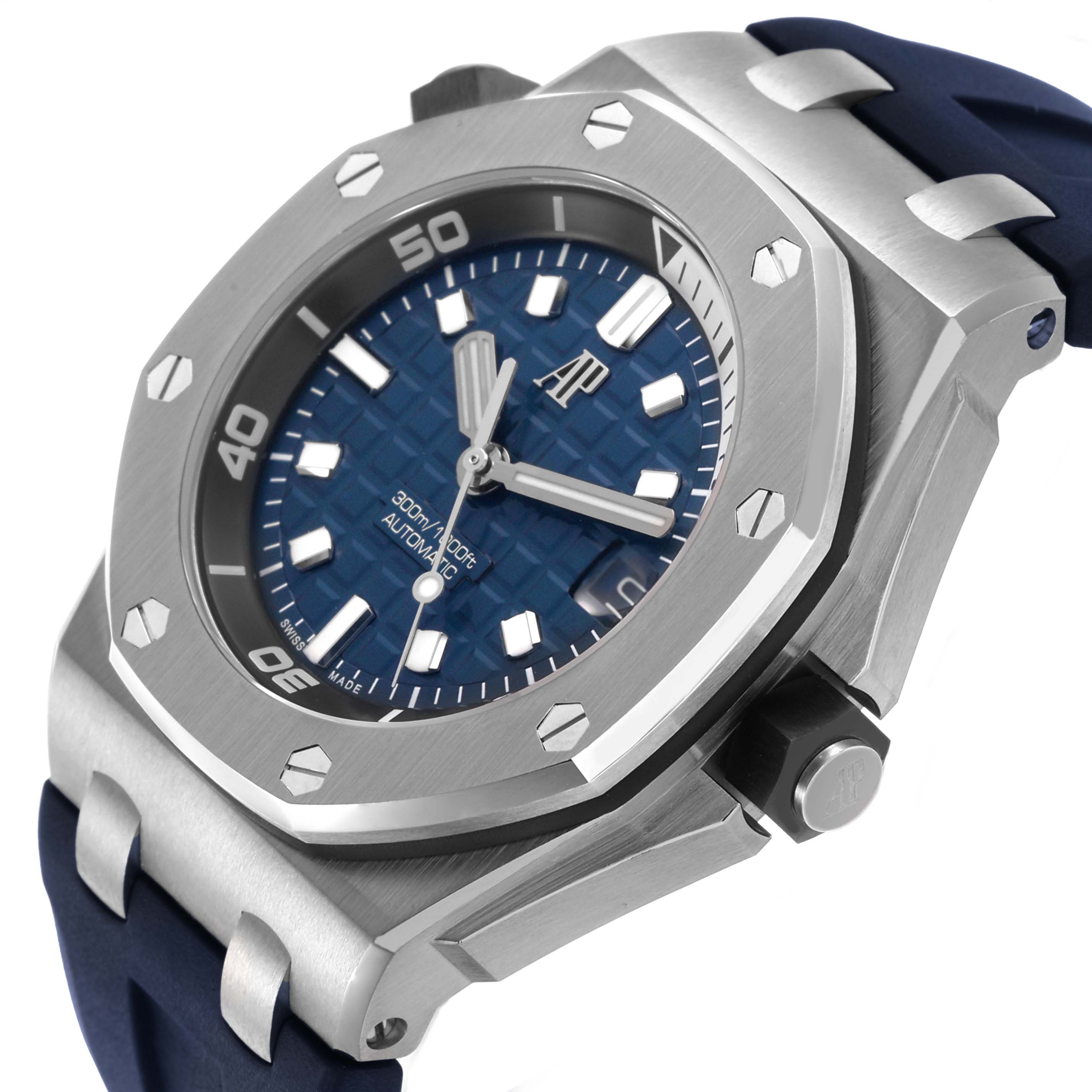 The Audemars Piguet Royal Oak Offshore 15720ST.OO.A027CA.01 Men's Stainless Steel Blue Dial model is shown at an angled side view, highlighting the bezel, dial, and strap.