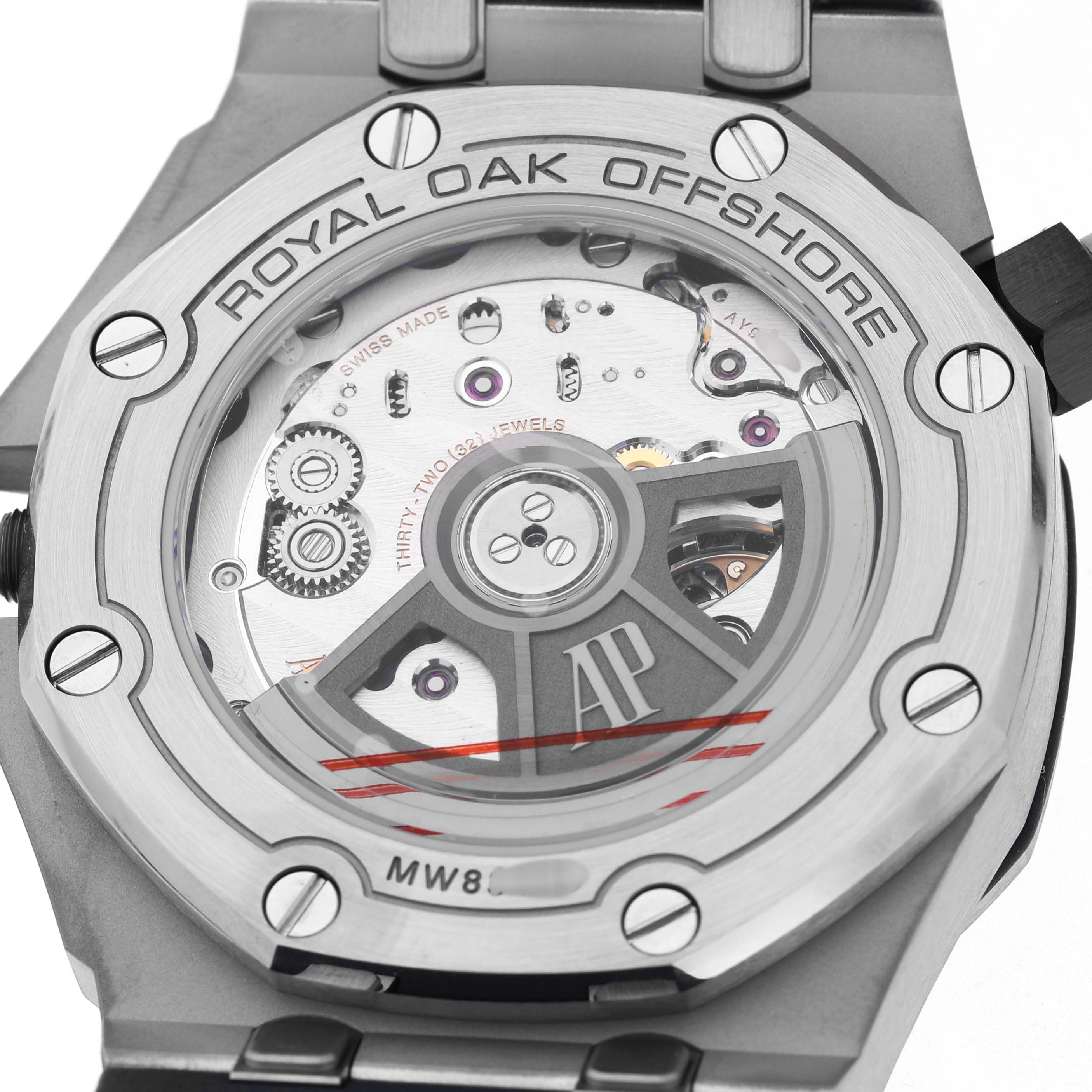 The image shows the back view of an Audemars Piguet Royal Oak Offshore 15720ST.OO.A027CA.01 Men's Stainless Steel Blue Dial, highlighting the movement and transparent case back.